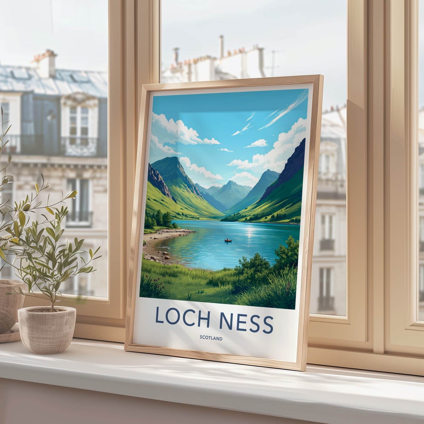 Loch Ness Poster - Scotland Travel Art - Calm Water Mountains Wall Decor