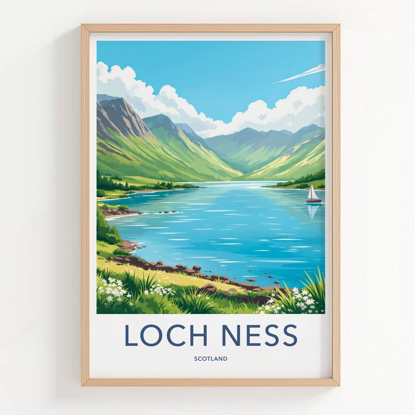 Loch Ness Poster - Scotland Travel Print - Green Mountains Lake Home Decor