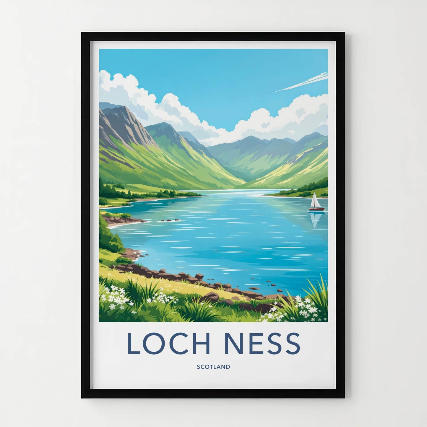 Loch Ness Poster - Scotland Travel Print - Green Mountains Lake Home Decor
