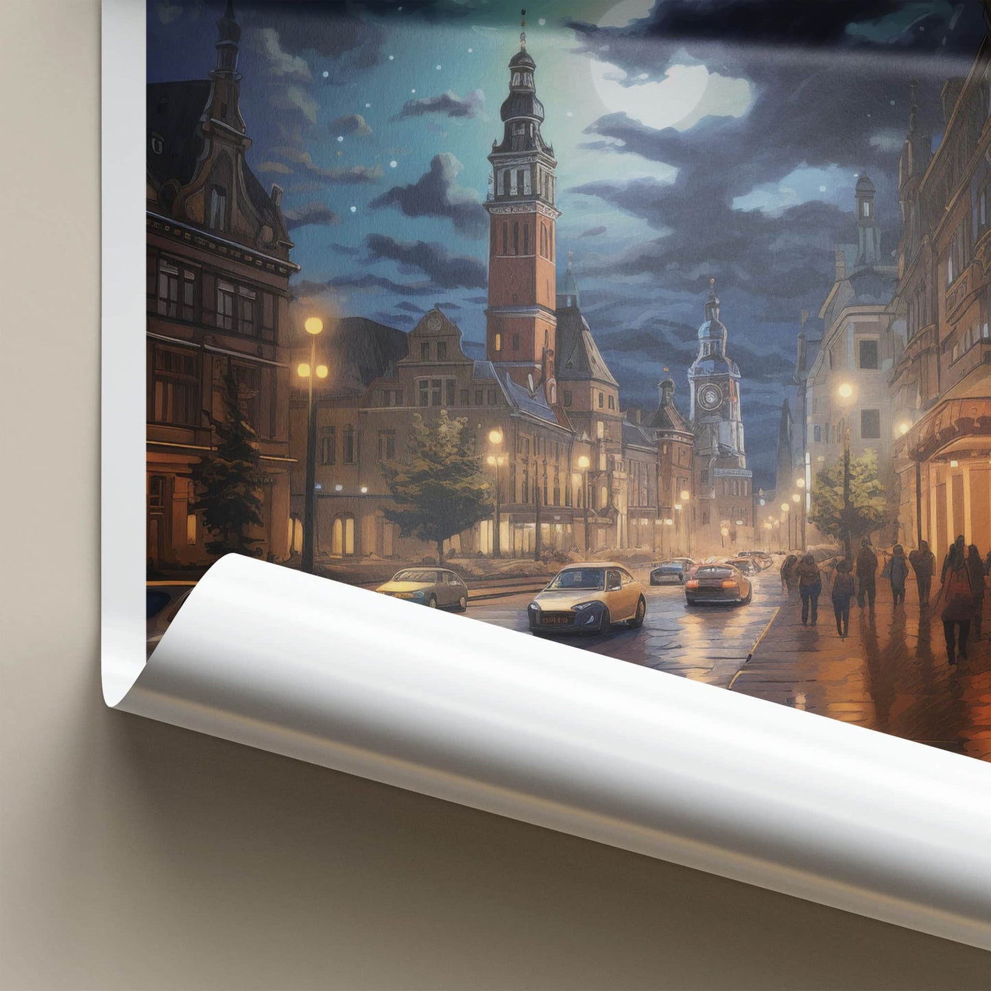 Lodz Poster - Poland Framed Print - Moonlit City Street Lounge Decor