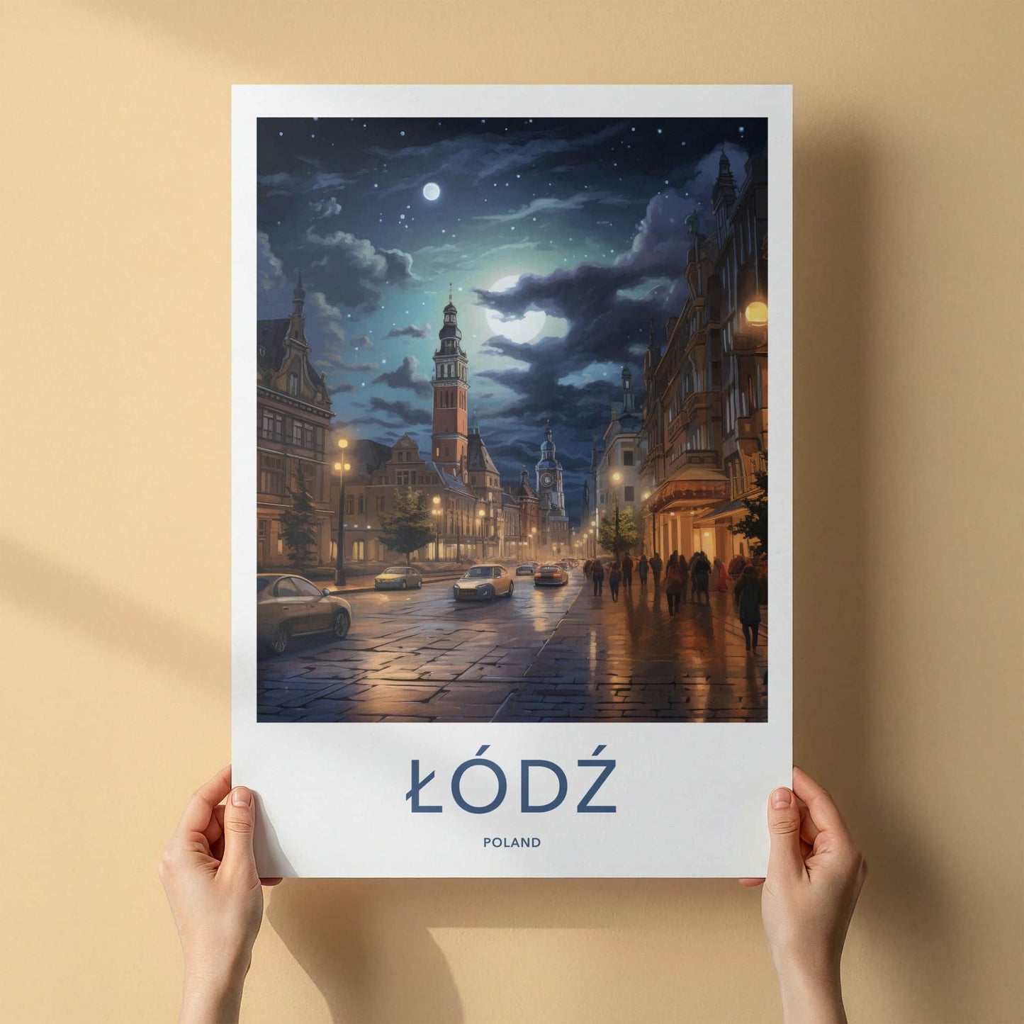Lodz Poster - Poland Framed Print - Moonlit City Street Lounge Decor
