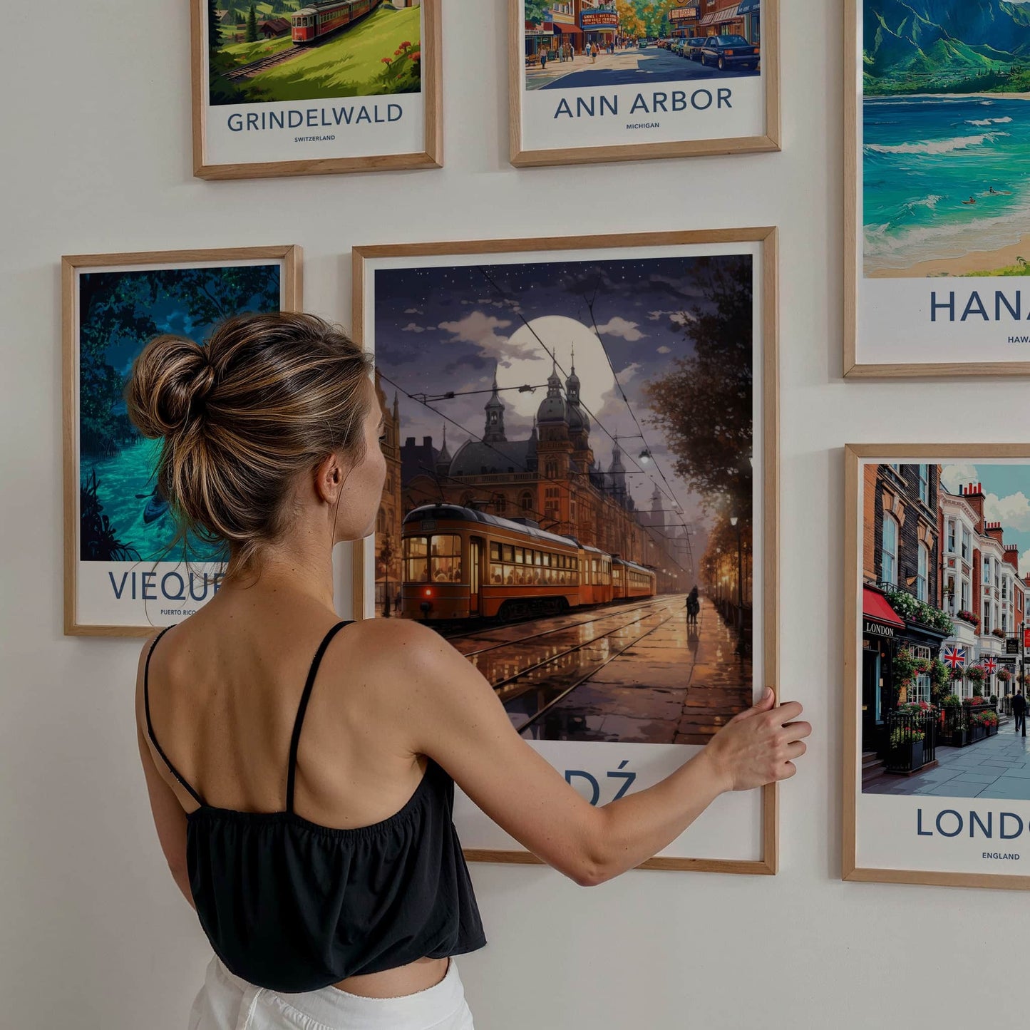 Lodz Poster - Poland Travel Art - Moonlit City Tram Home Decor