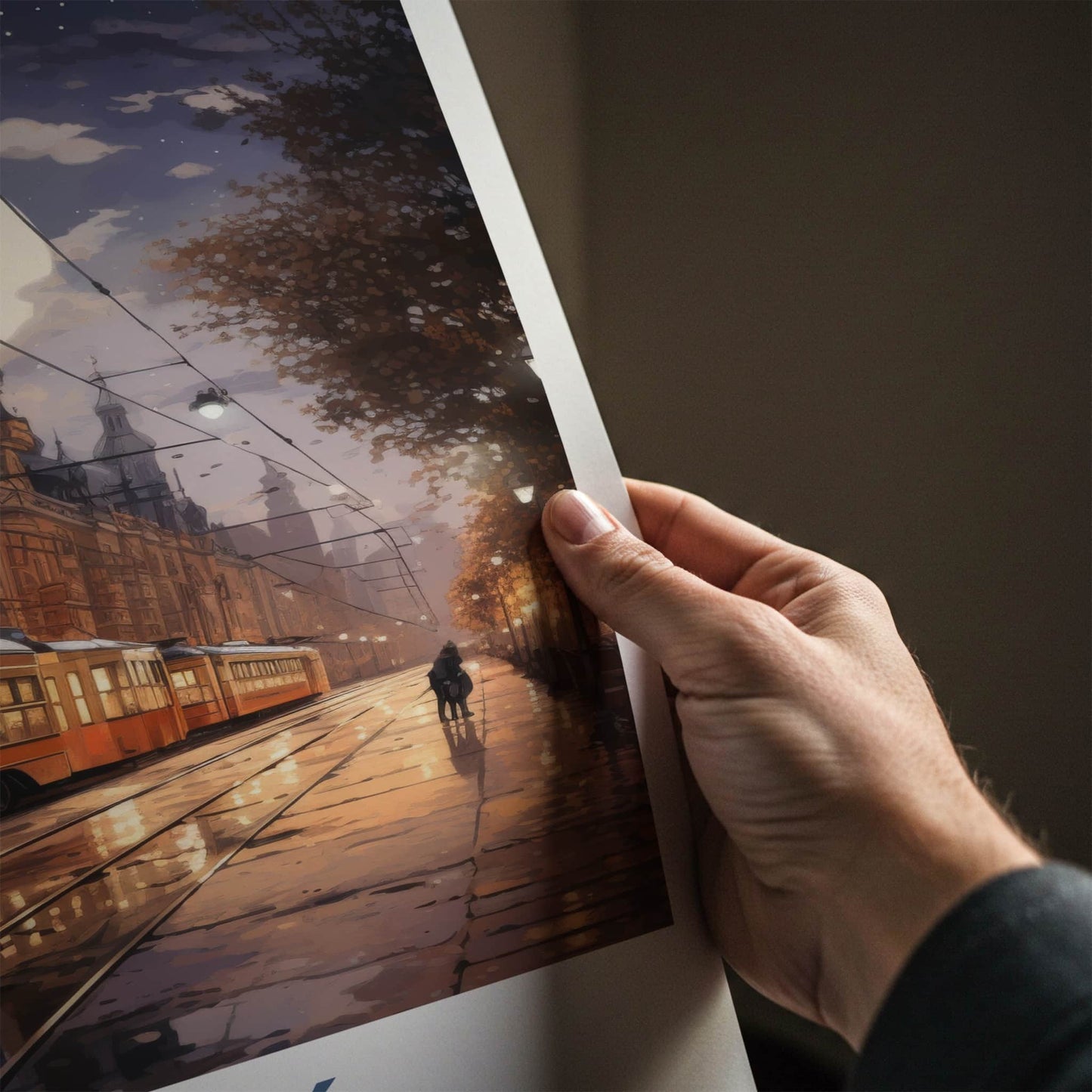 Lodz Poster - Poland Travel Art - Moonlit City Tram Home Decor