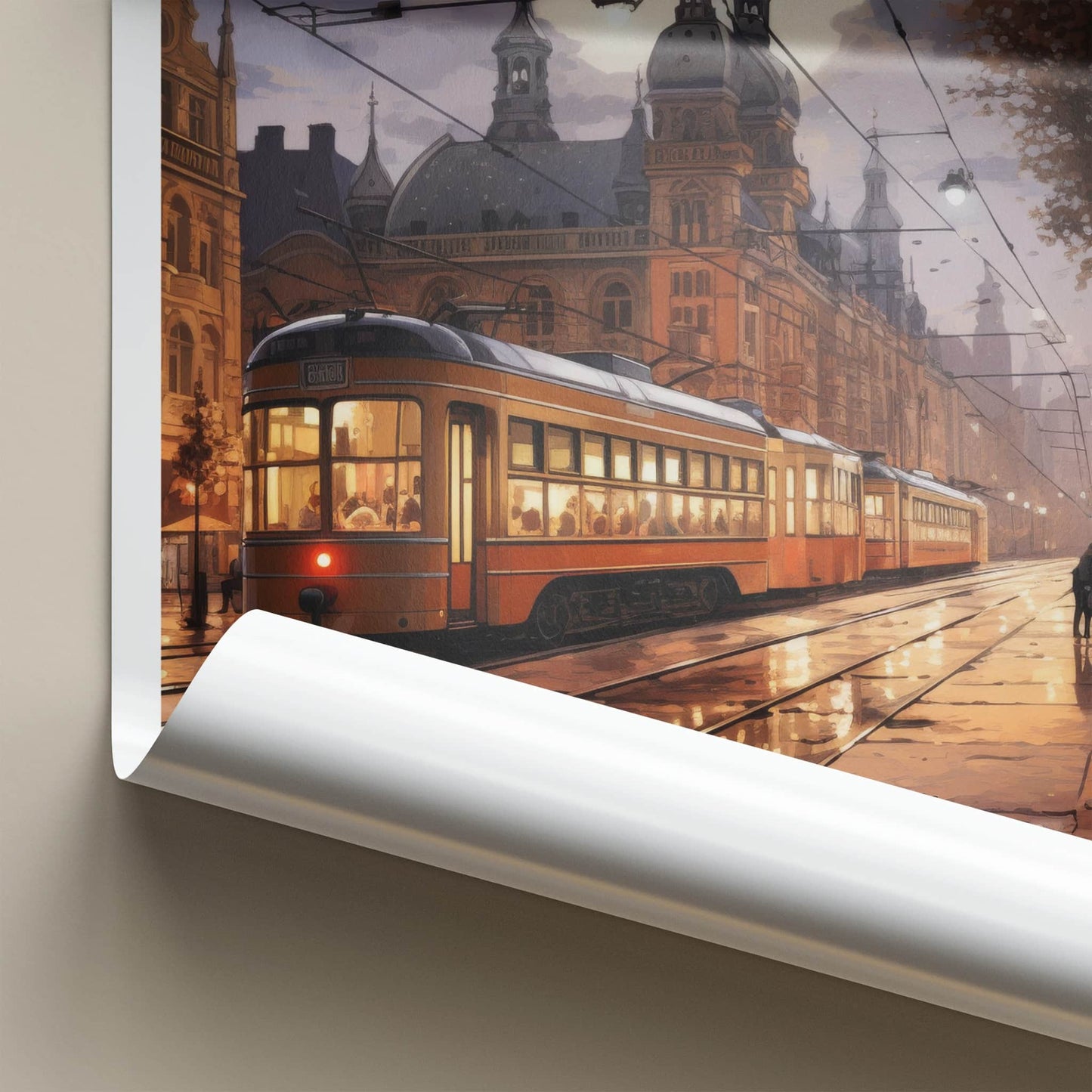 Lodz Poster - Poland Travel Art - Moonlit City Tram Home Decor