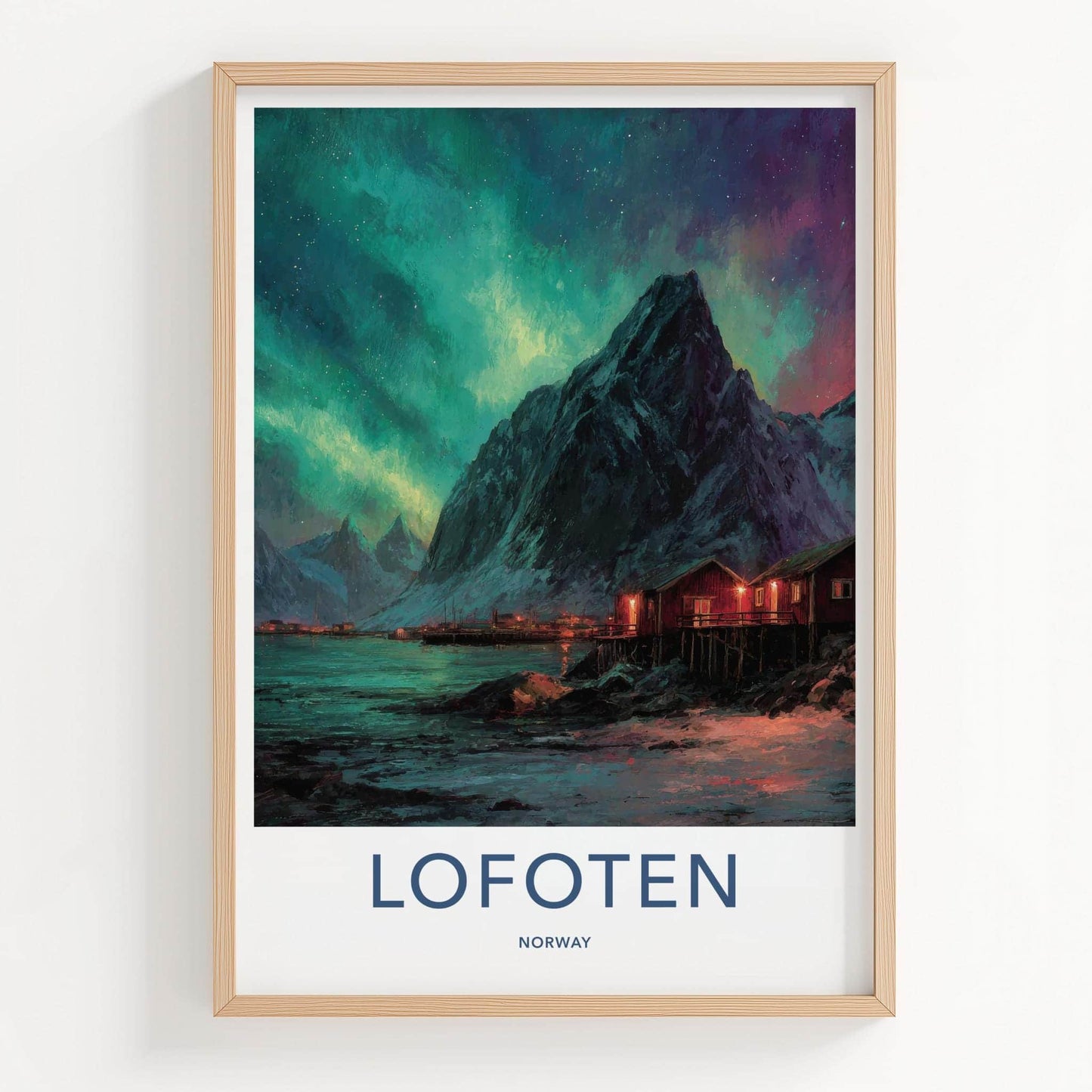 Lofoten Poster - Norway Travel Art - Aurora Mountain Cabins Home Decor