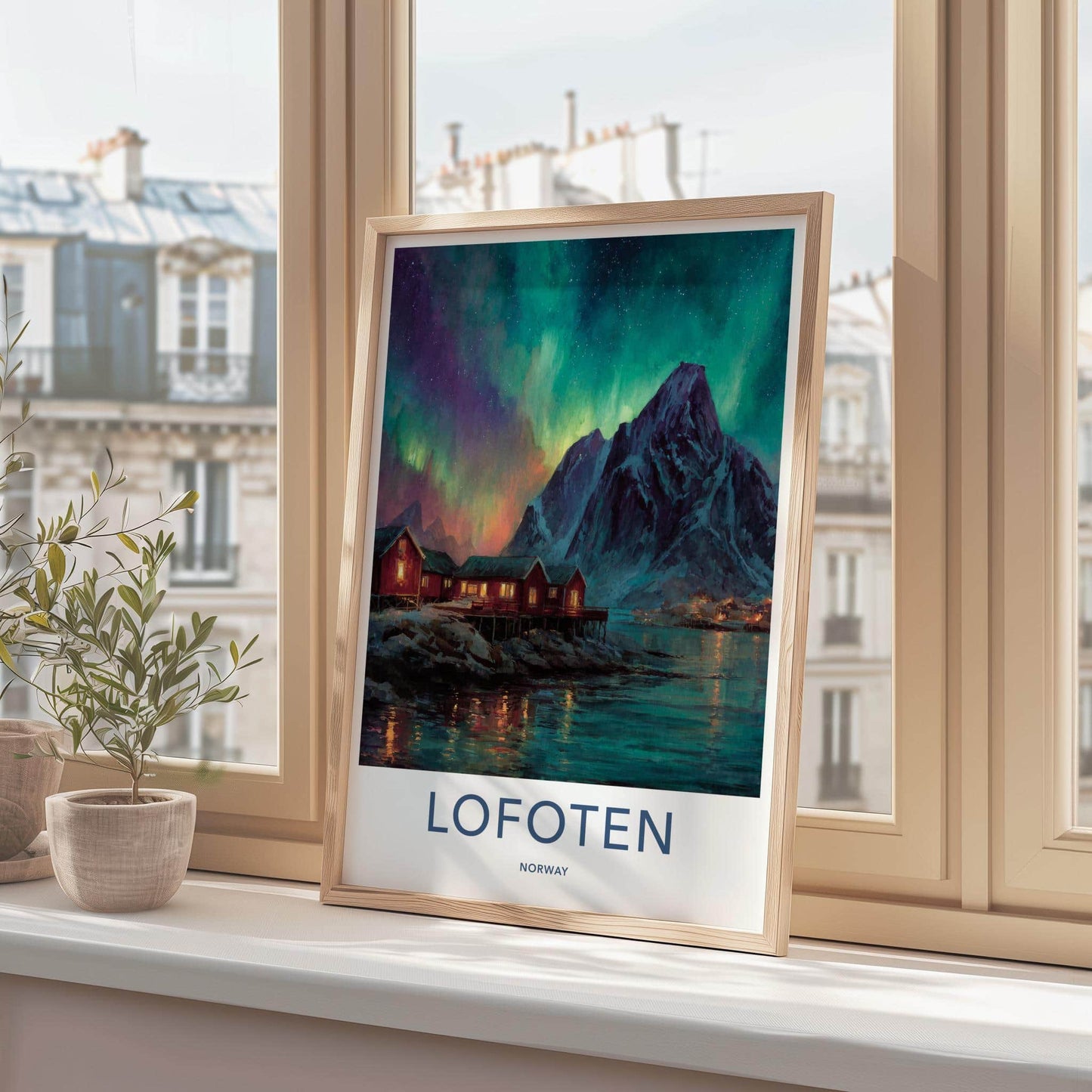 Lofoten Poster - Norway Travel Art - Aurora Mountain Huts Home Decor