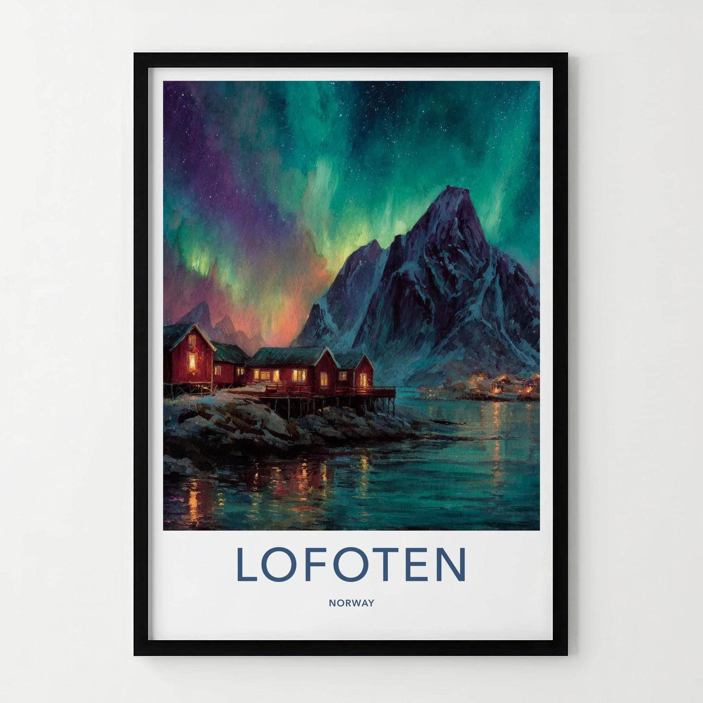 Lofoten Poster - Norway Travel Art - Aurora Mountain Huts Home Decor