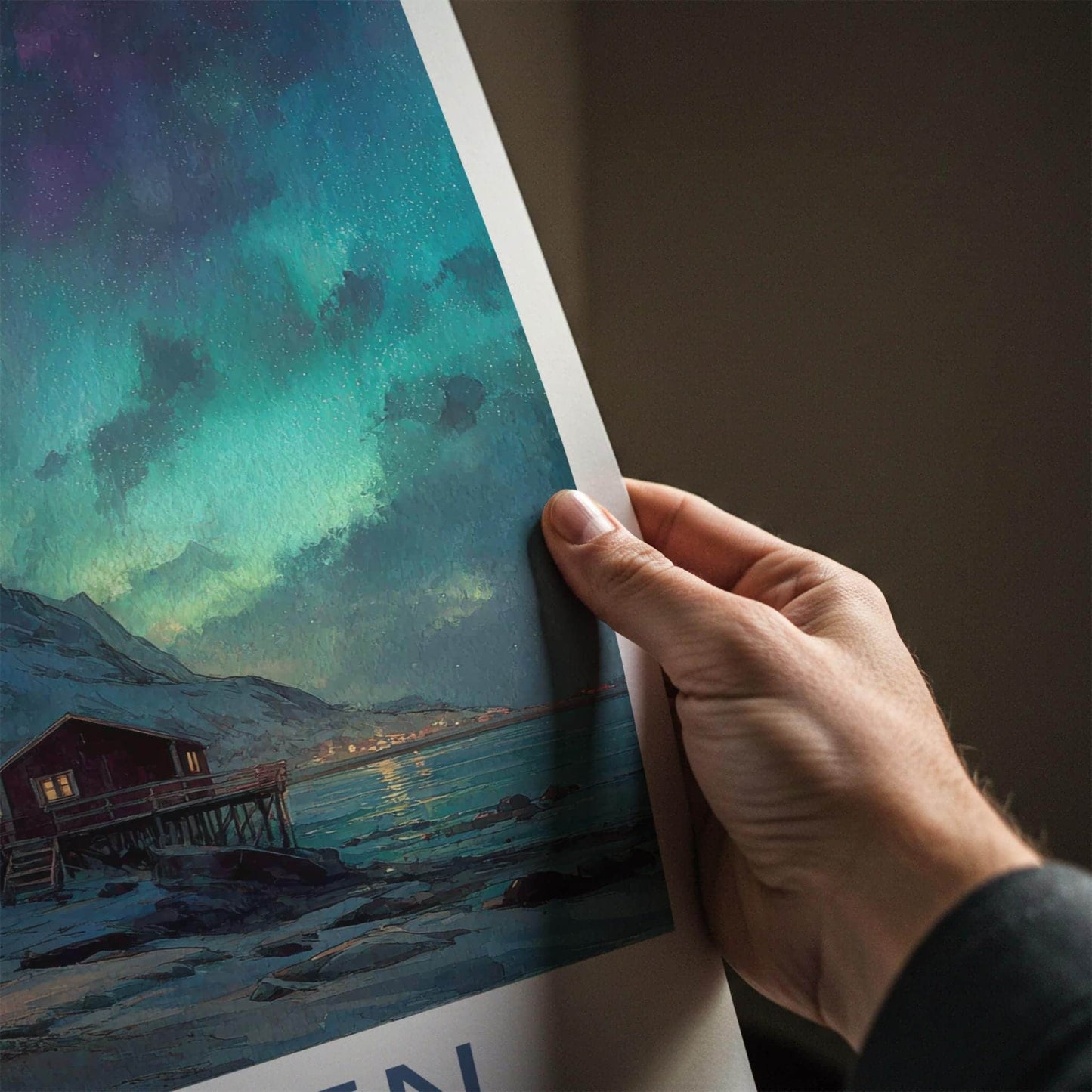 Lofoten Poster - Norway Travel Art - Red Cabins Aurora Home Decor