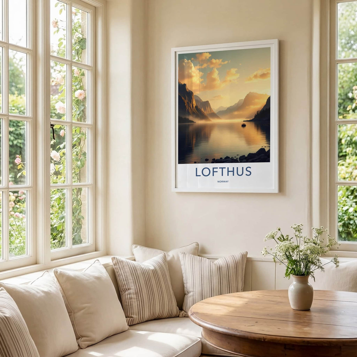 Lofthus Poster - Norway Travel Art - Golden Fjord Reflection Home Decor