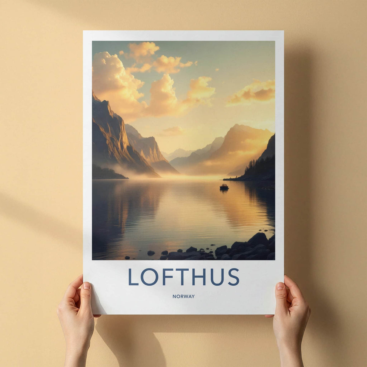 Lofthus Poster - Norway Travel Art - Golden Fjord Reflection Home Decor