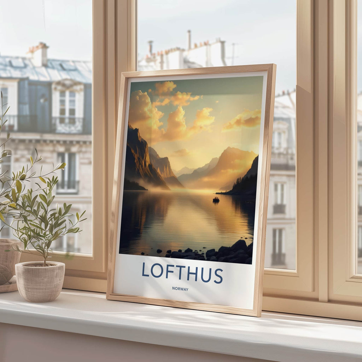 Lofthus Poster - Norway Travel Art - Golden Fjord Reflection Home Decor