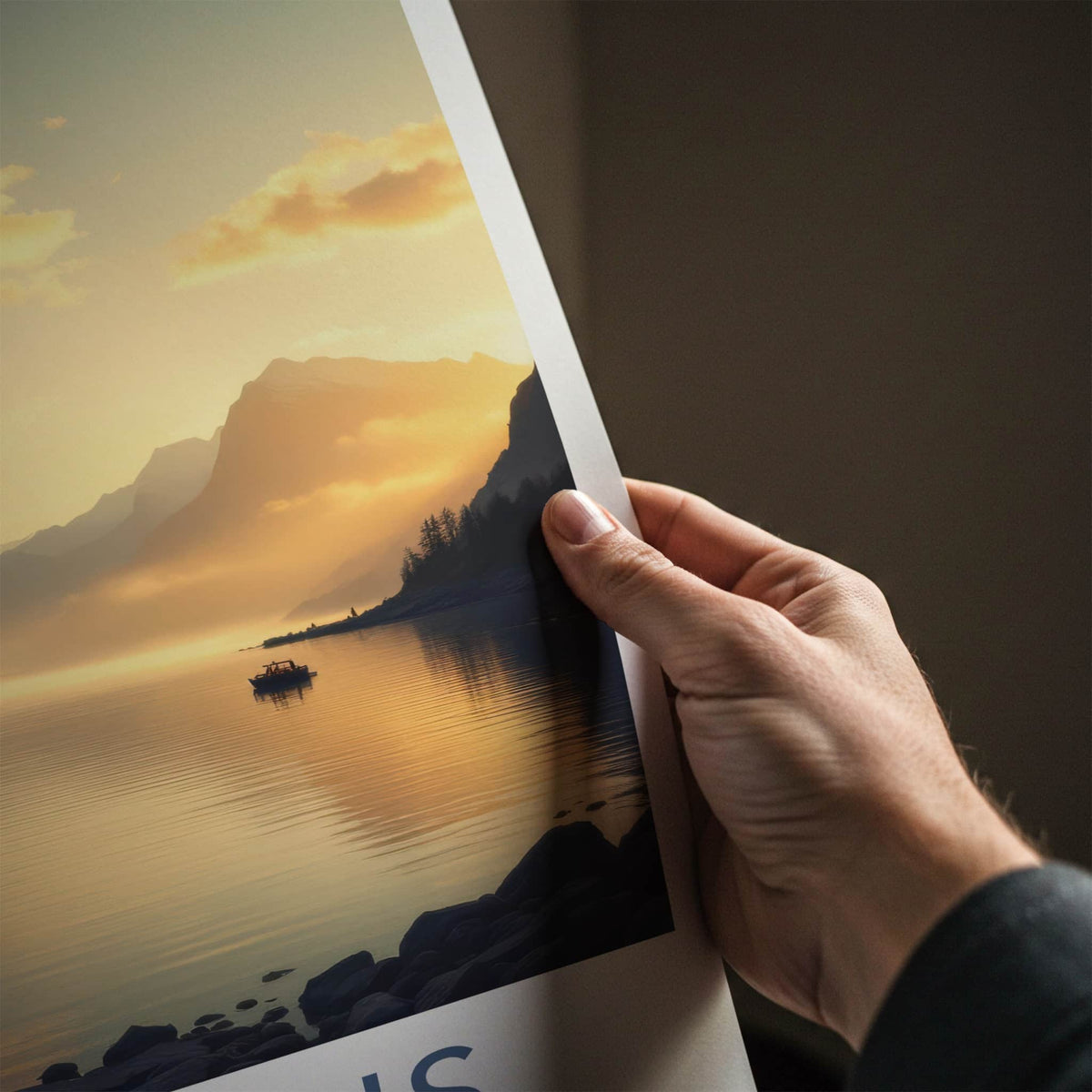 Lofthus Poster - Norway Travel Art - Golden Fjord Reflection Home Decor