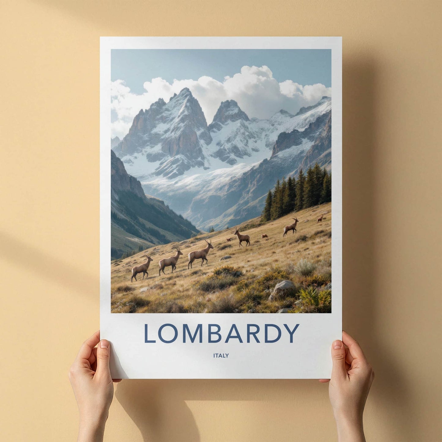 Lombardy Poster - Italy Travel Art - Grazing Deer Mountain Home Decor