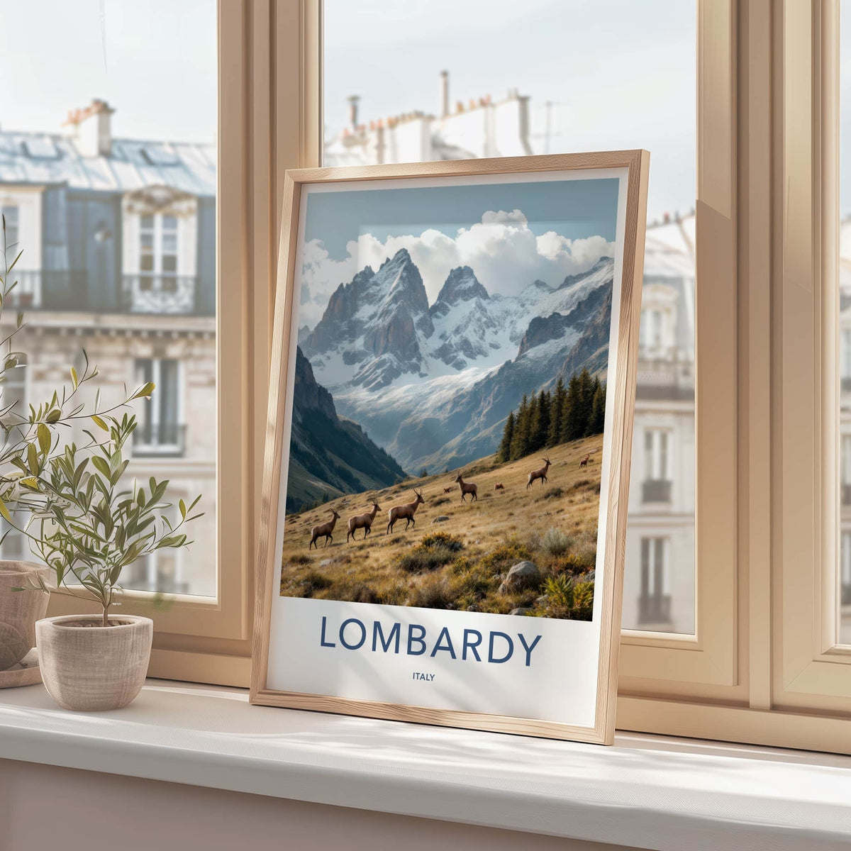 Lombardy Poster - Italy Travel Art - Grazing Deer Mountain Home Decor