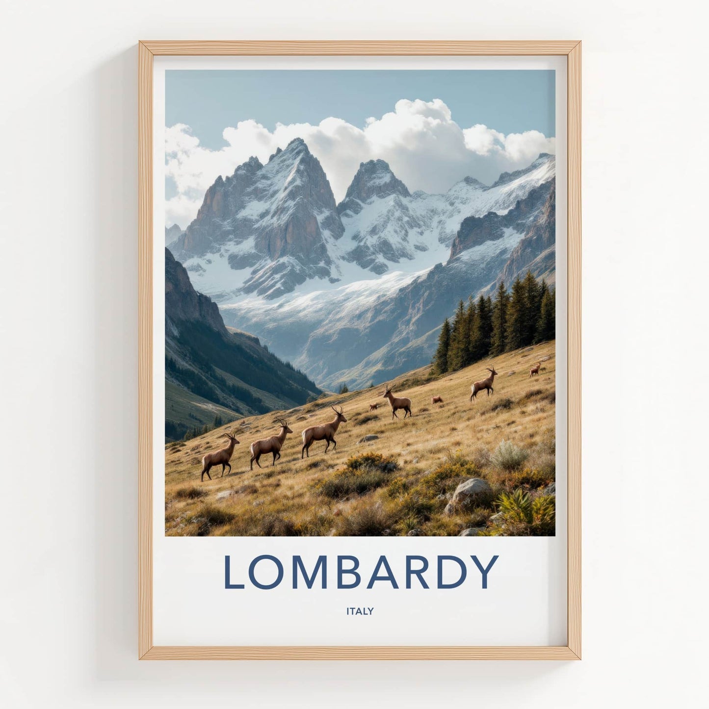 Lombardy Poster - Italy Travel Art - Grazing Deer Mountain Home Decor