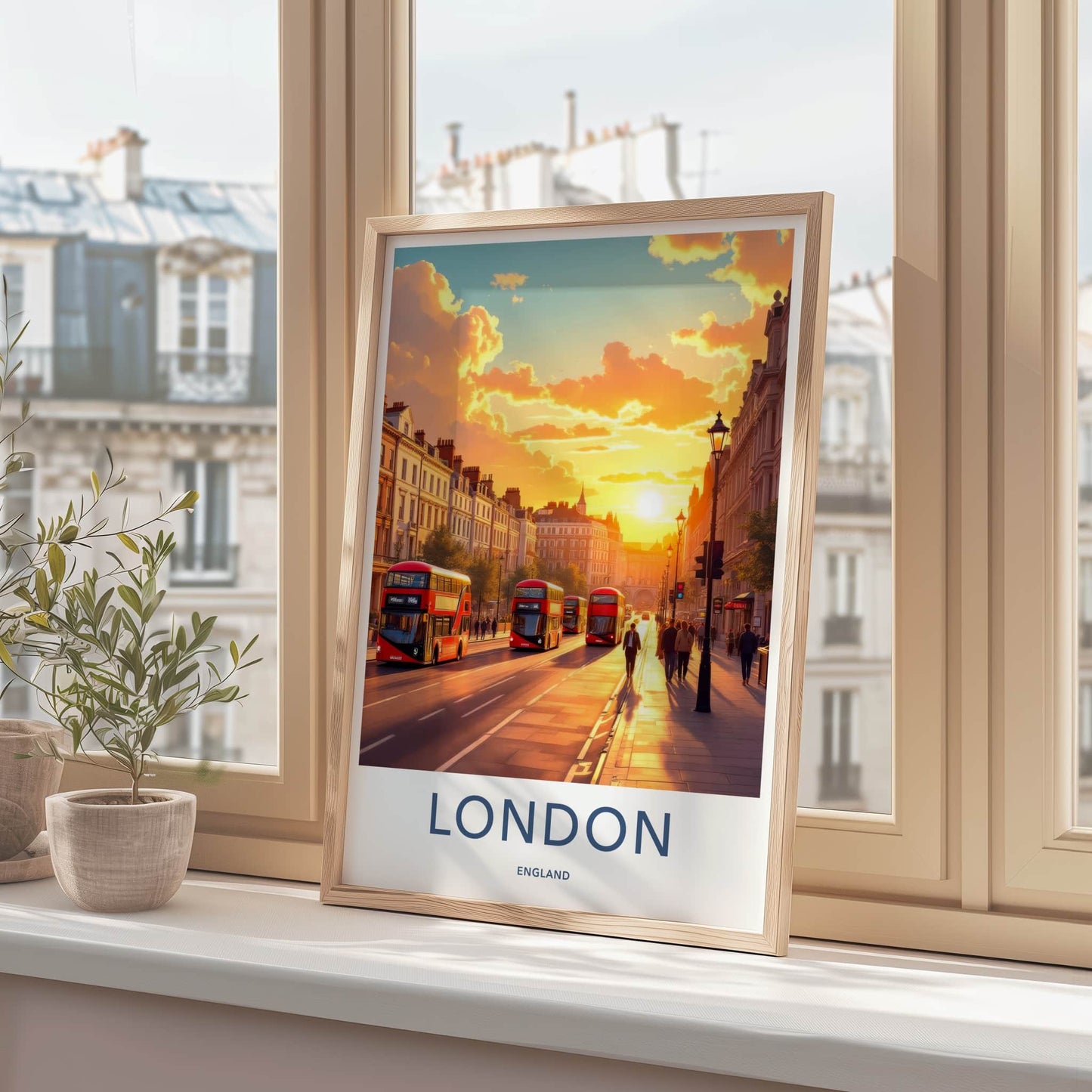 London Poster - England Framed Print - Sunset Buses Street Lounge Decor