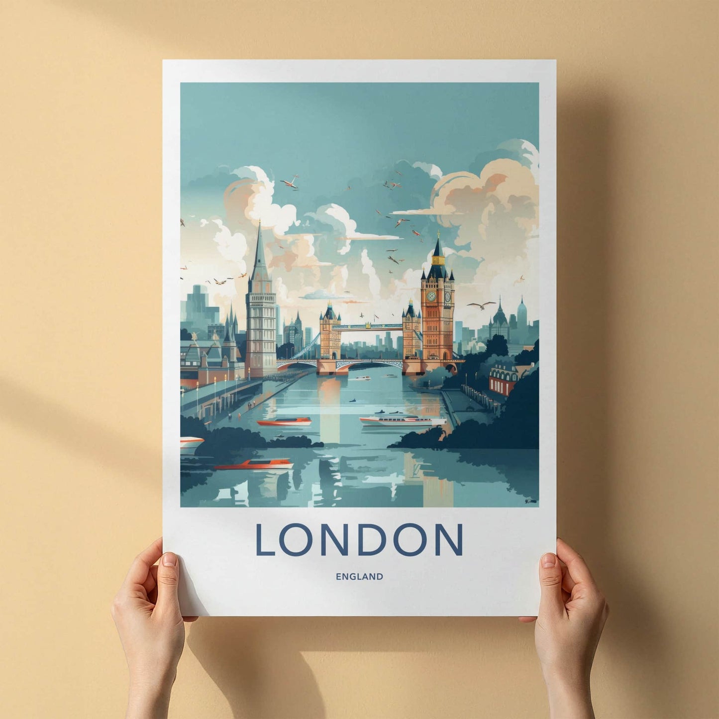 London Poster - England Travel Art - River Thames Cityscape Home Decor