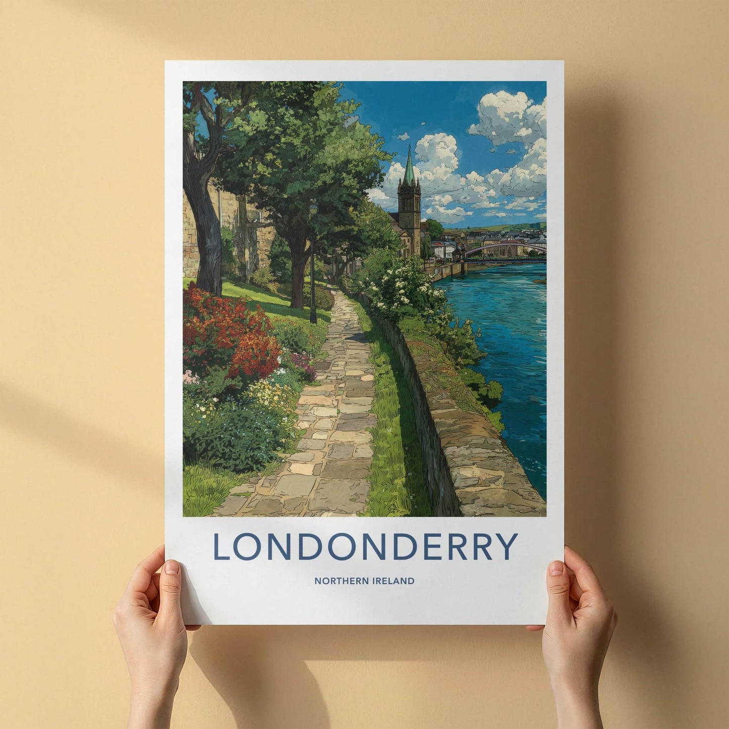 Londonderry Poster - Northern Ireland Wall Art - Riverside Stone Path Gift