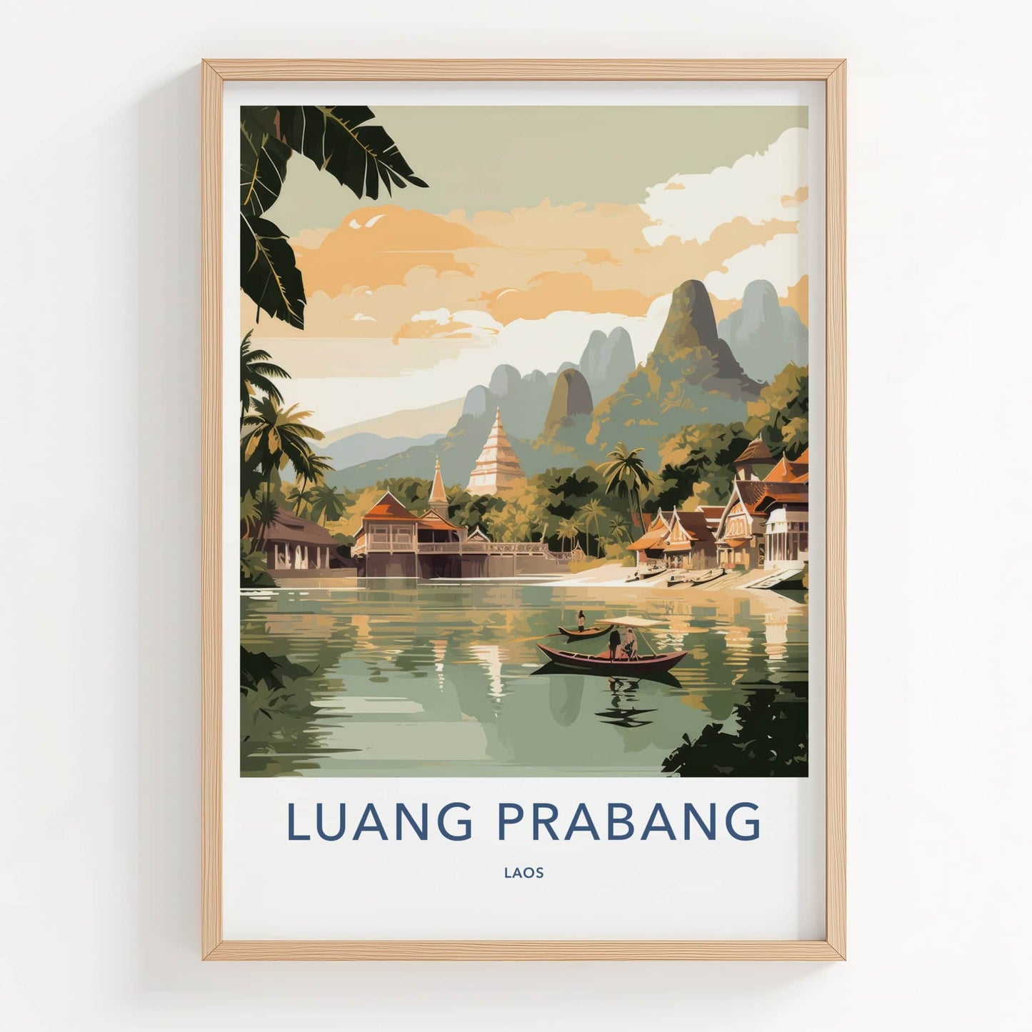 Luang Prabang Poster - Laos Travel Art - Boats Village Temples Home Decor