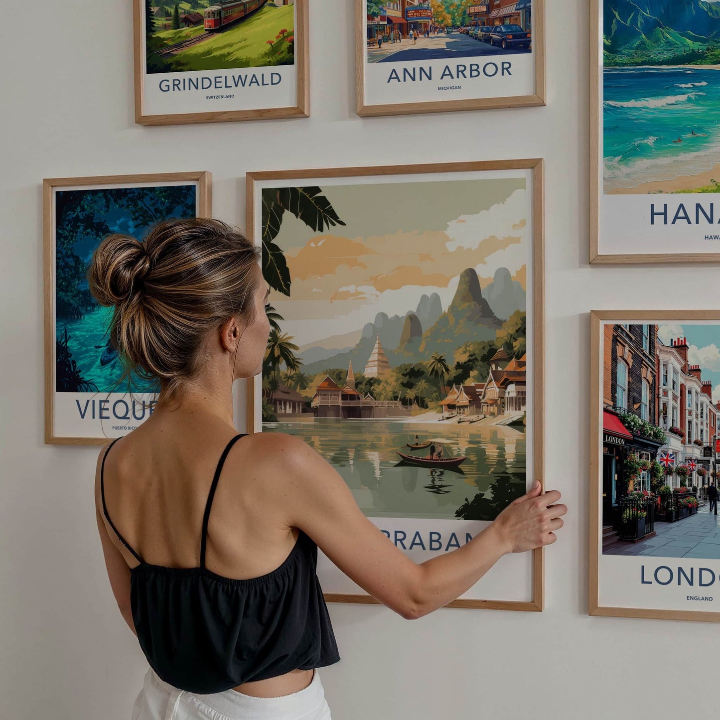 Luang Prabang Poster - Laos Travel Art - Boats Village Temples Home Decor