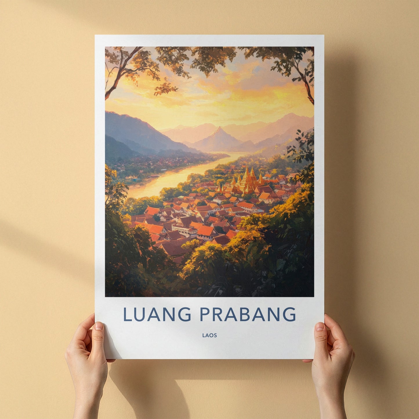 Luang Prabang Poster - Laos Travel Art - Golden Temple Glow Home Decor