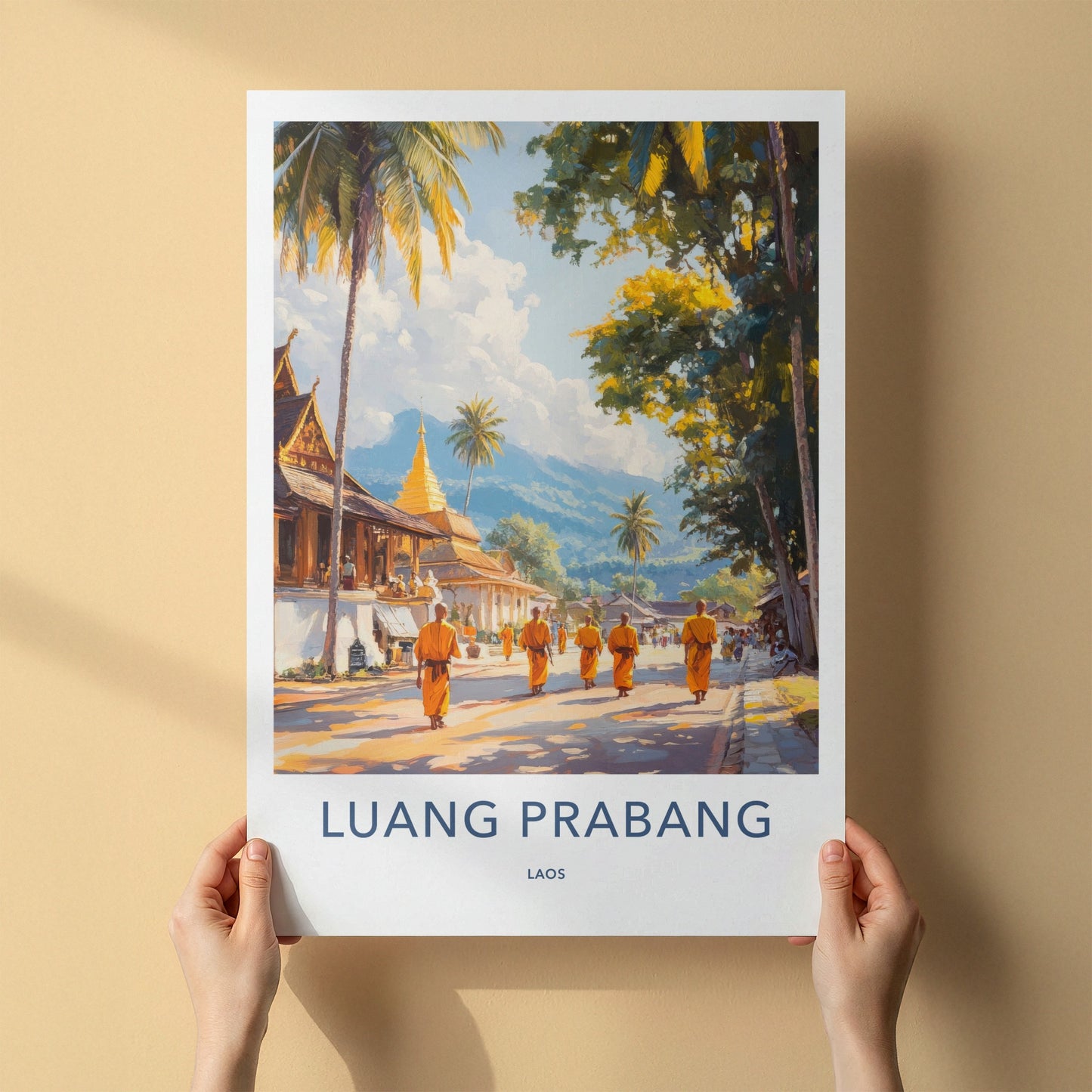 Luang Prabang Poster - Laos Travel Art - Golden Temple Monks Home Decor