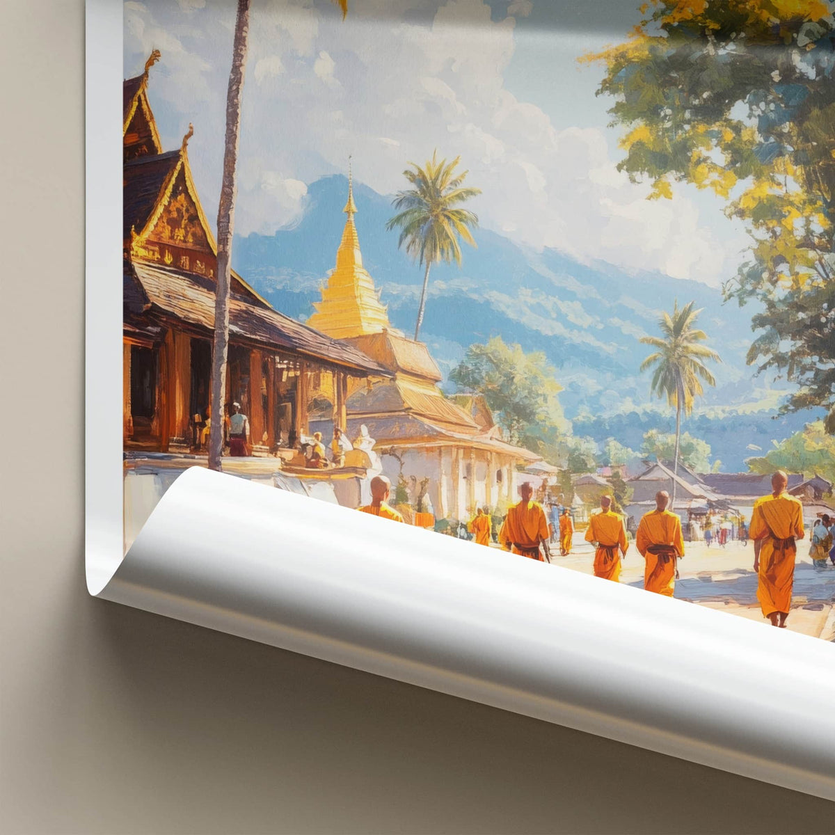 Luang Prabang Poster - Laos Travel Art - Golden Temple Monks Home Decor