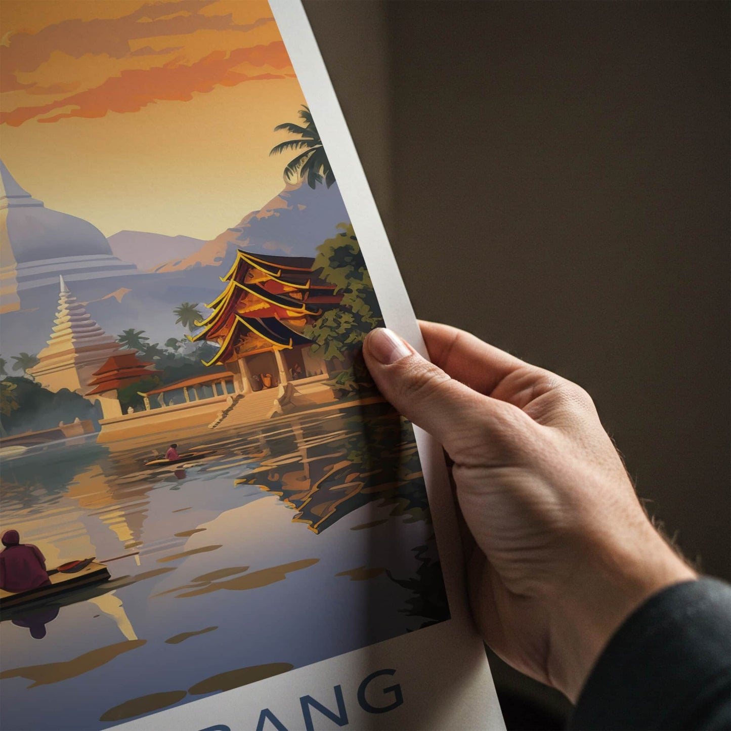 Luang Prabang Poster - Laos Travel Art - Monk Boating Sunset Home Decor