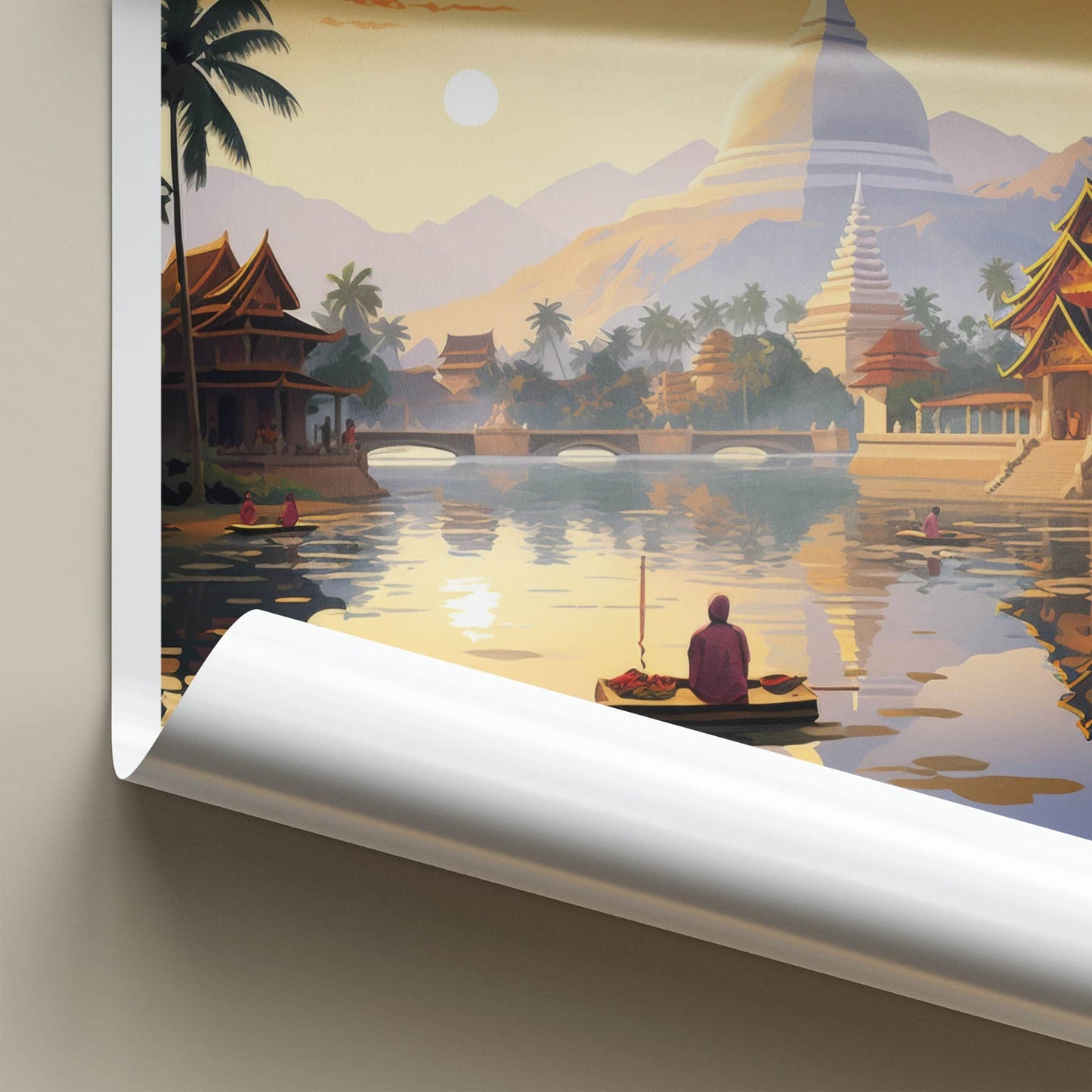Luang Prabang Poster - Laos Travel Art - Monk Boating Sunset Home Decor