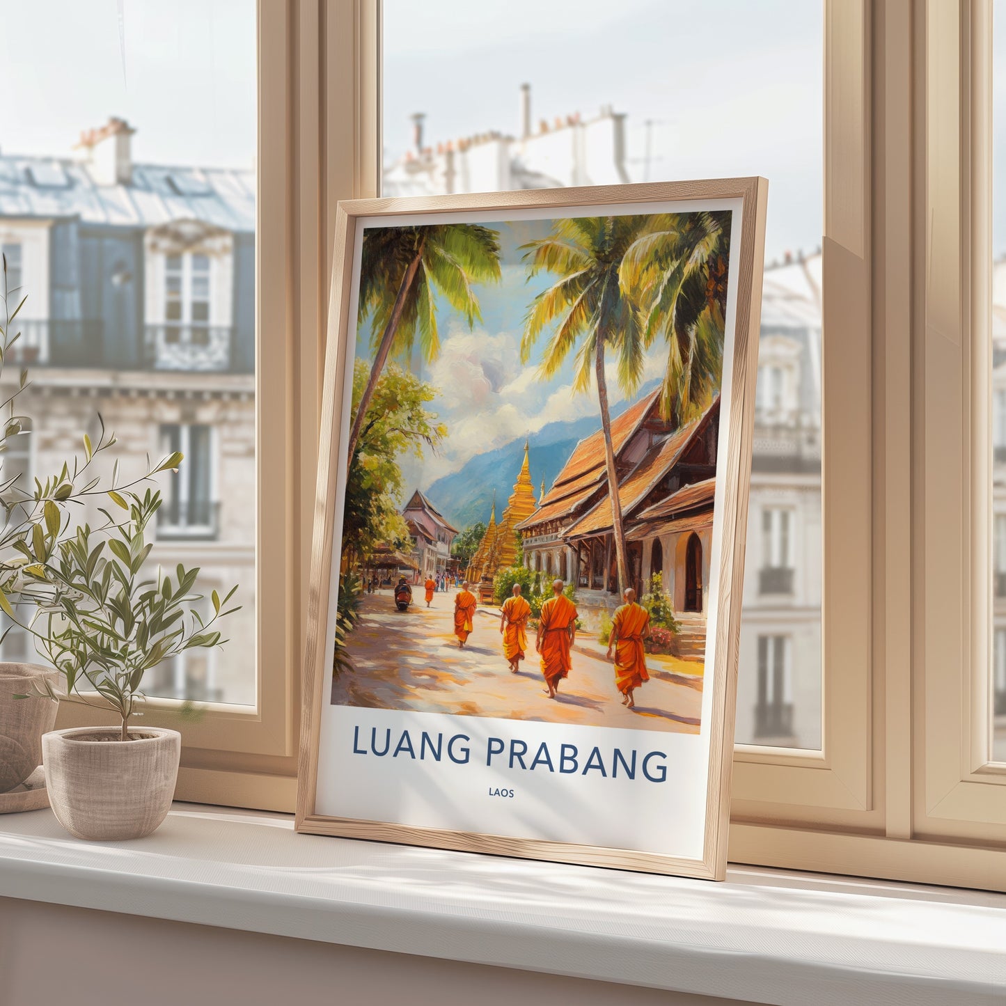 Luang Prabang Poster - Laos Travel Art - Monks Golden Stupas Home Decor