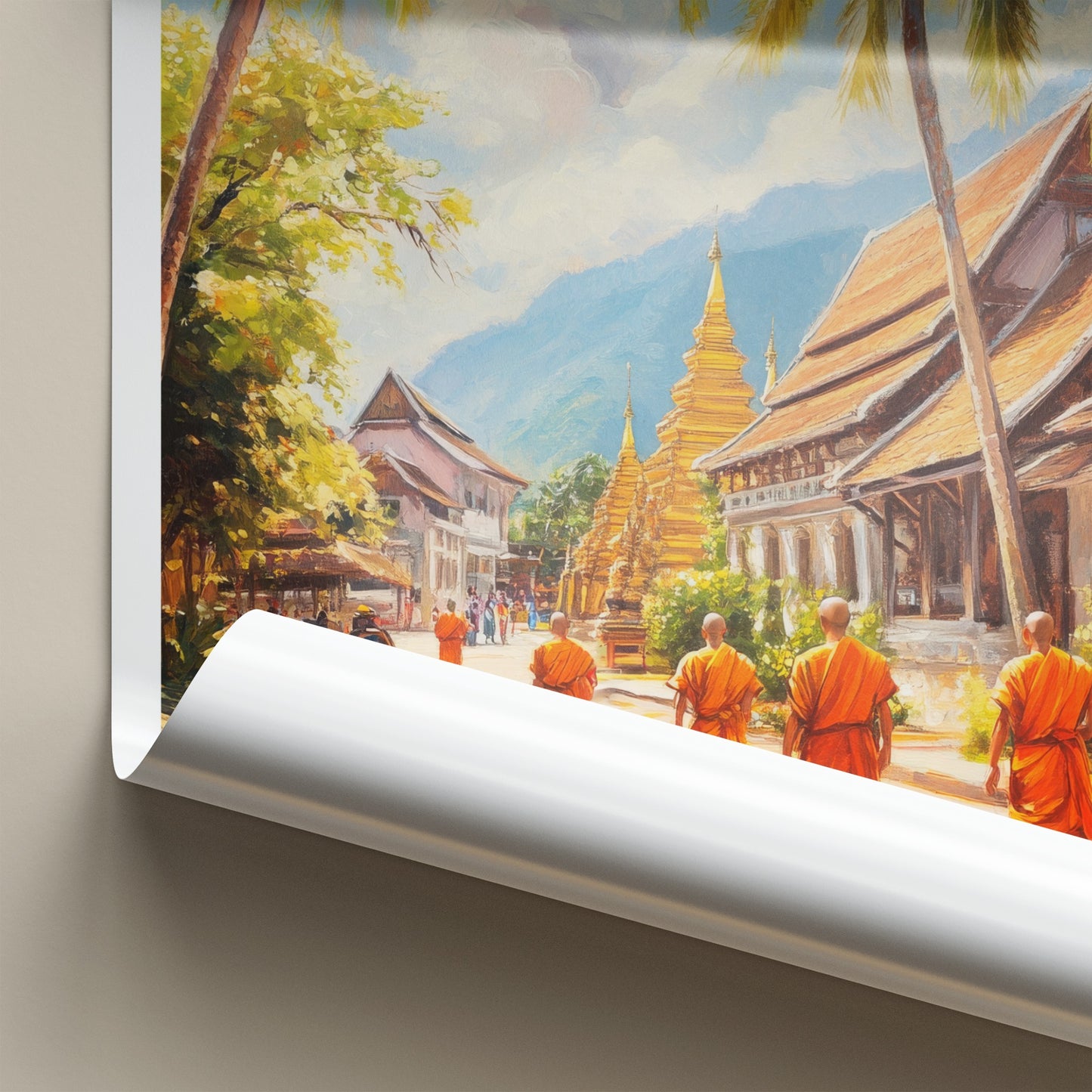 Luang Prabang Poster - Laos Travel Art - Monks Golden Stupas Home Decor