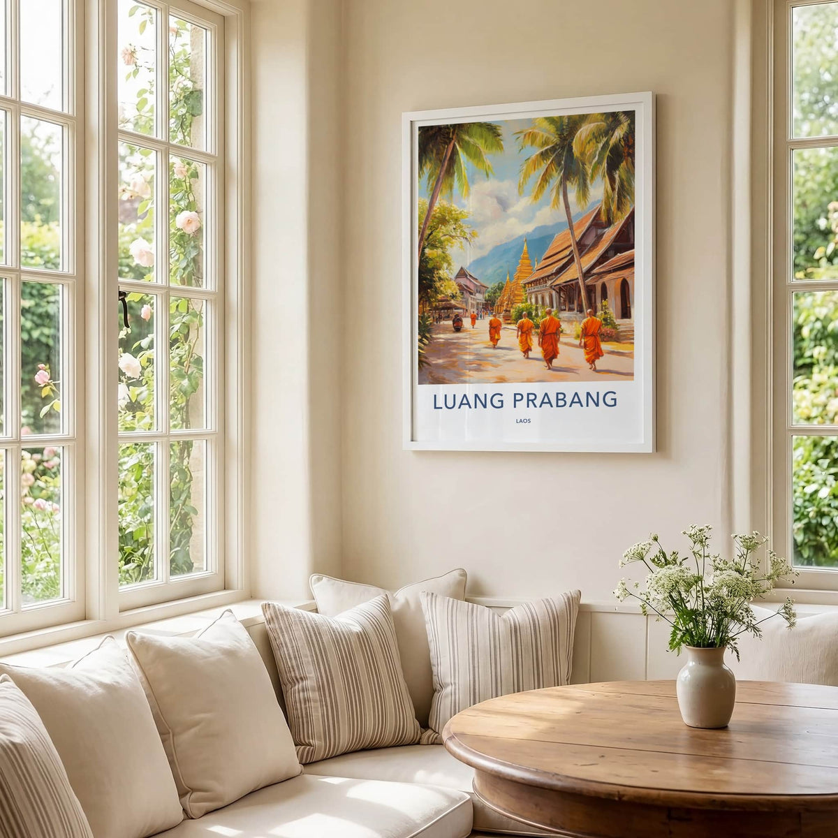 Luang Prabang Poster - Laos Travel Art - Monks Golden Stupas Home Decor
