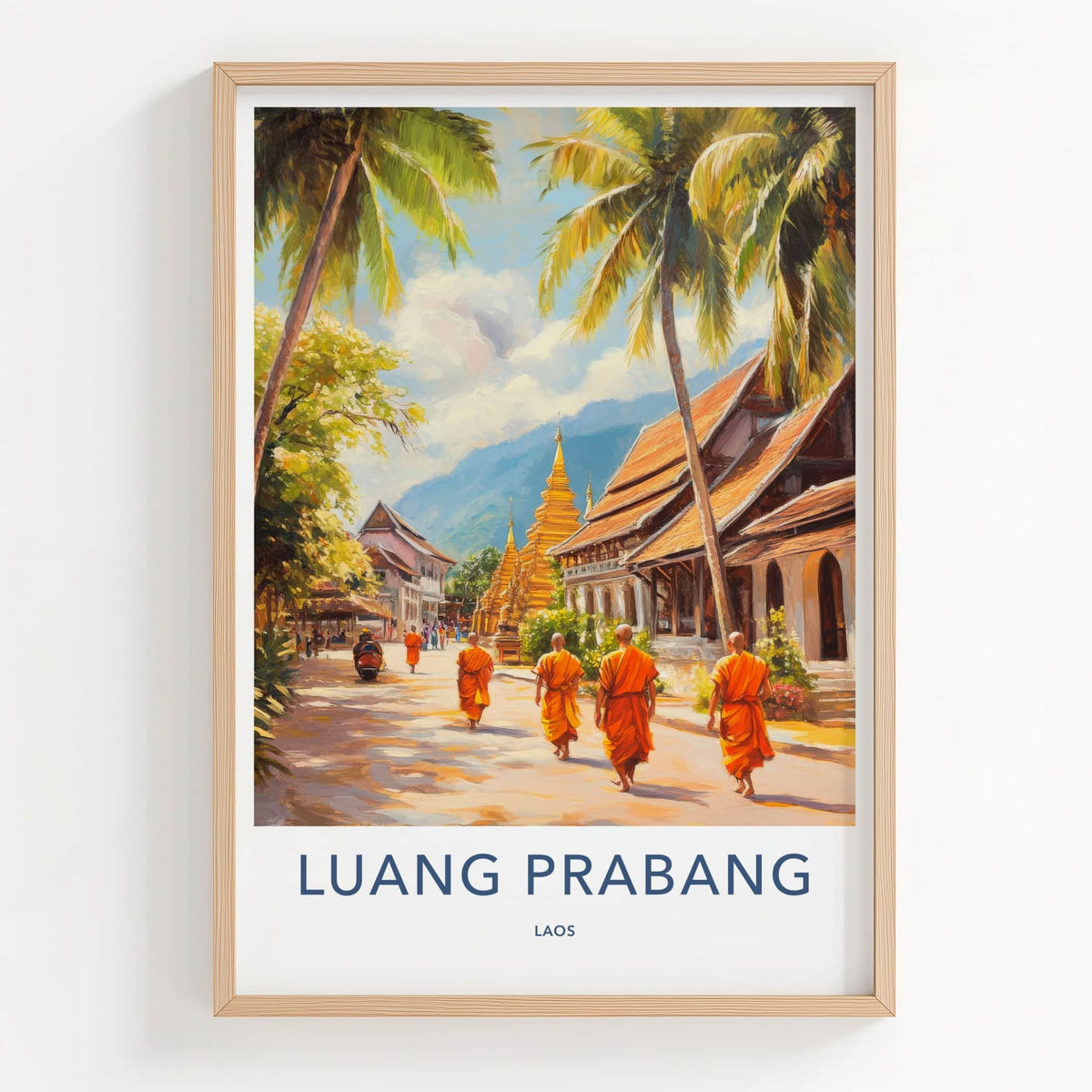 Luang Prabang Poster - Laos Travel Art - Monks Golden Stupas Home Decor