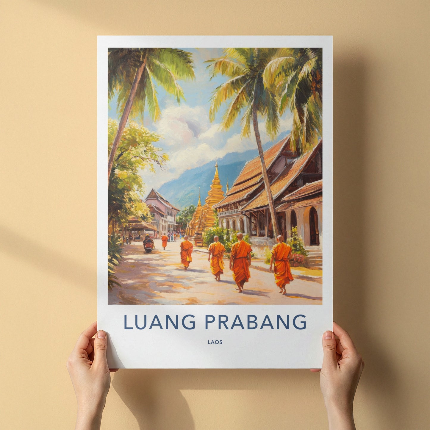 Luang Prabang Poster - Laos Travel Art - Monks Golden Stupas Home Decor