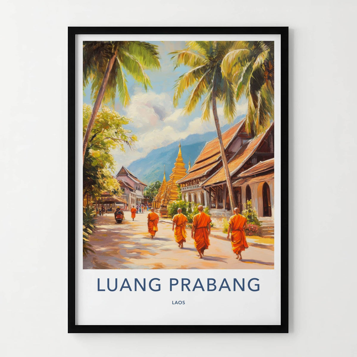 Luang Prabang Poster - Laos Travel Art - Monks Golden Stupas Home Decor