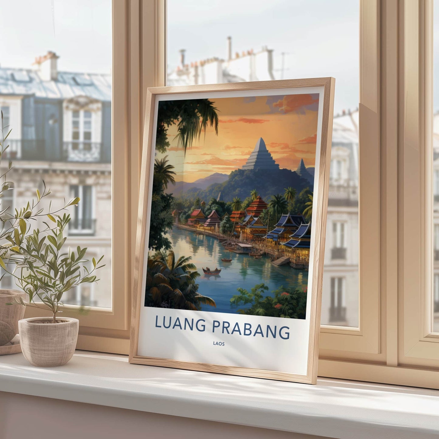 Luang Prabang Poster - Laos Travel Art - Riverfront Village Sunset Home Decor