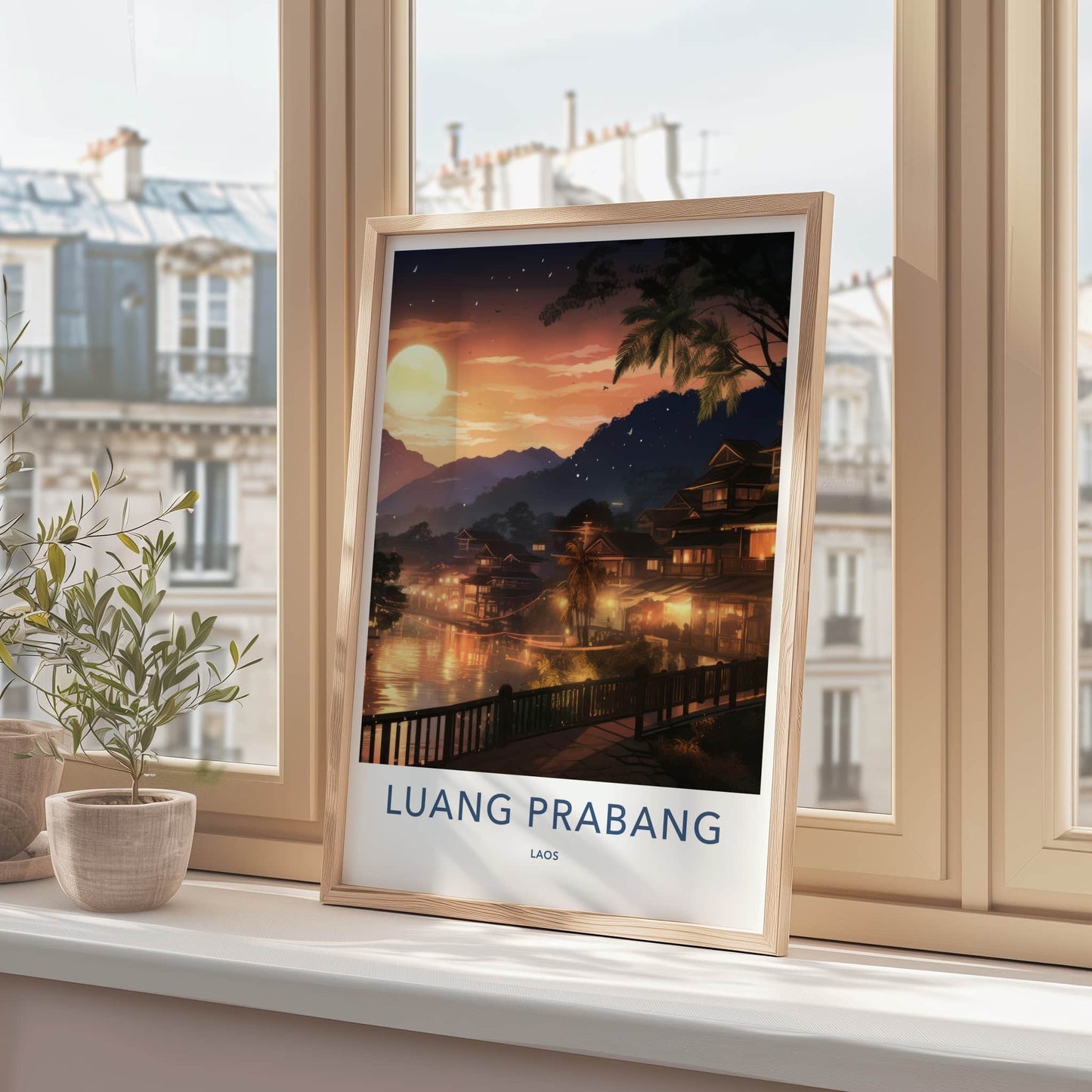 Luang Prabang Poster - Laos Travel Art - Sunset River Houses Home Decor