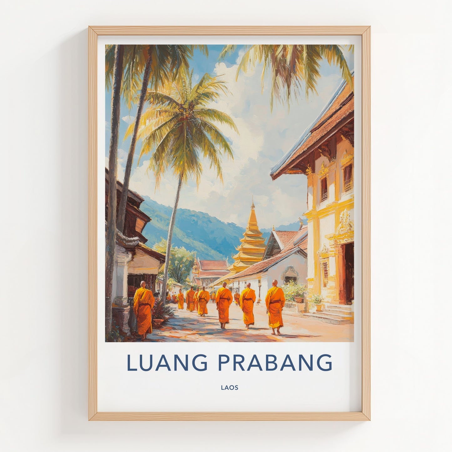 Luang Prabang Poster - Laos Travel Art - Walking Monks Street Wall Decor