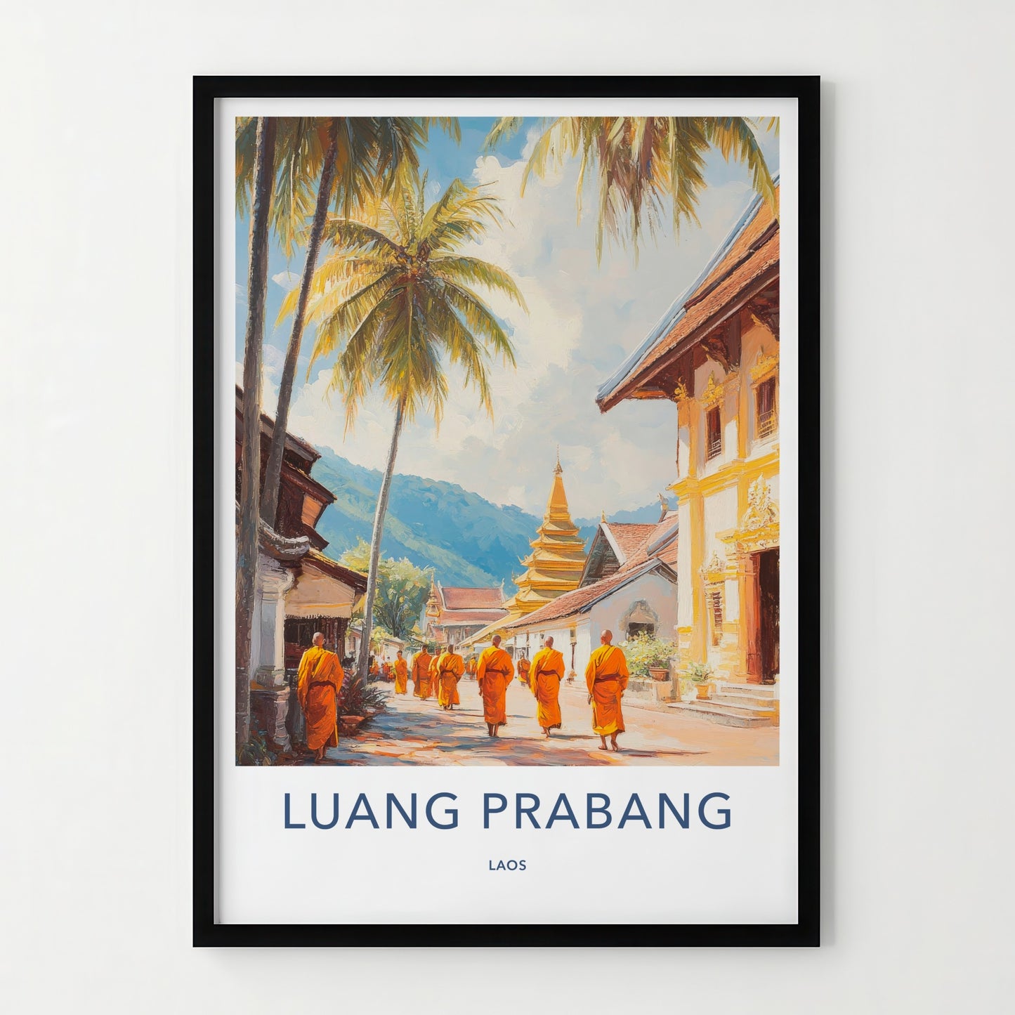 Luang Prabang Poster - Laos Travel Art - Walking Monks Street Wall Decor