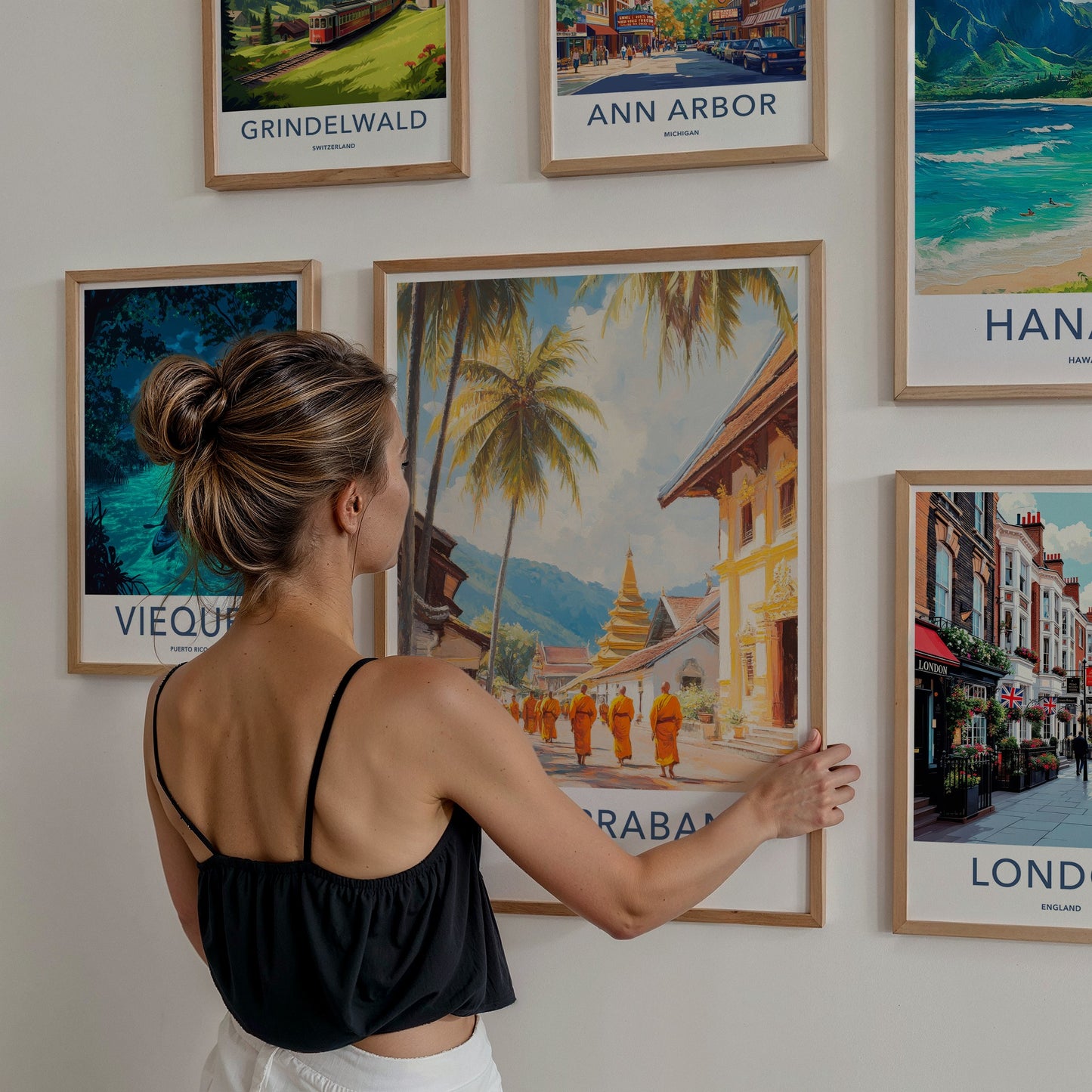 Luang Prabang Poster - Laos Travel Art - Walking Monks Street Wall Decor