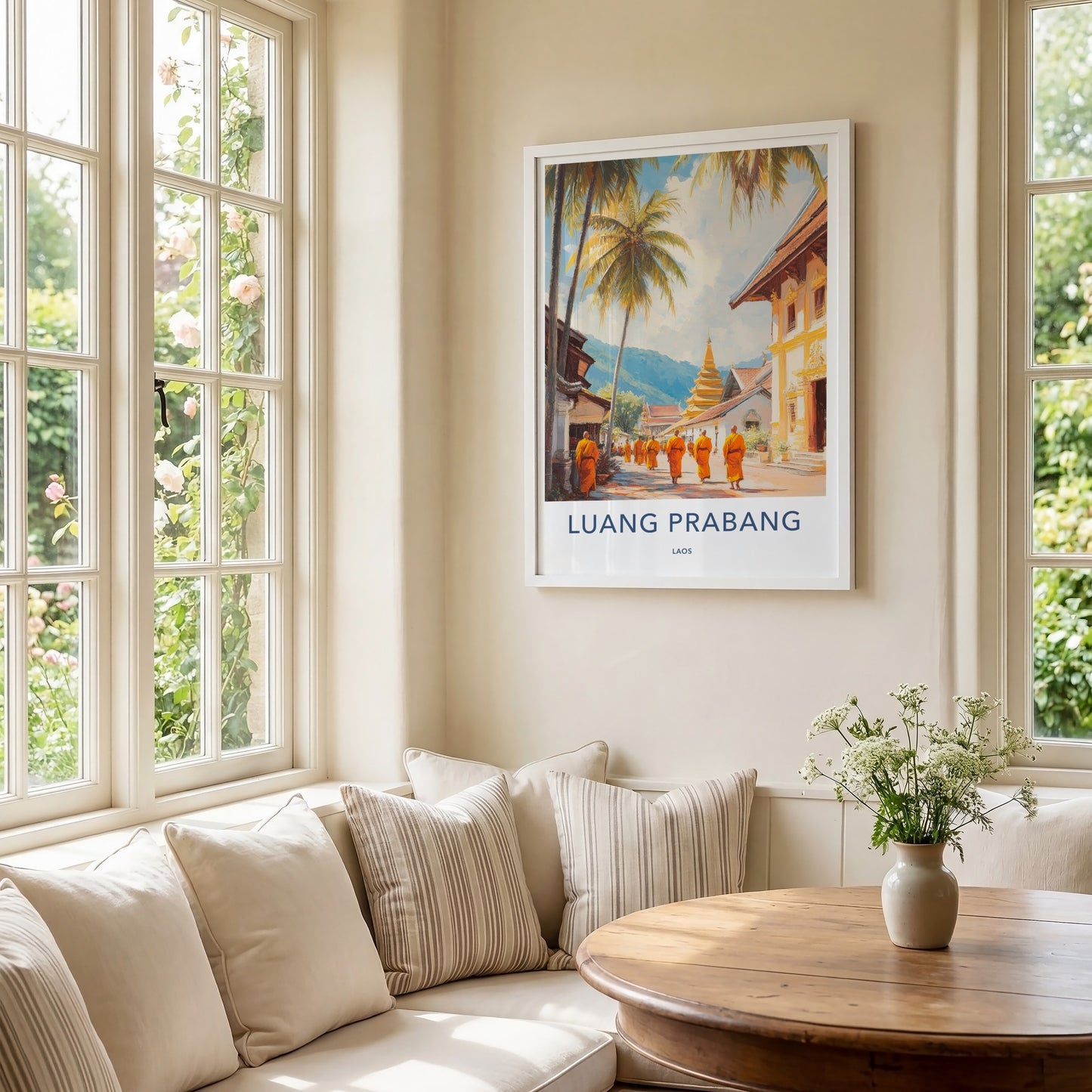 Luang Prabang Poster - Laos Travel Art - Walking Monks Street Wall Decor
