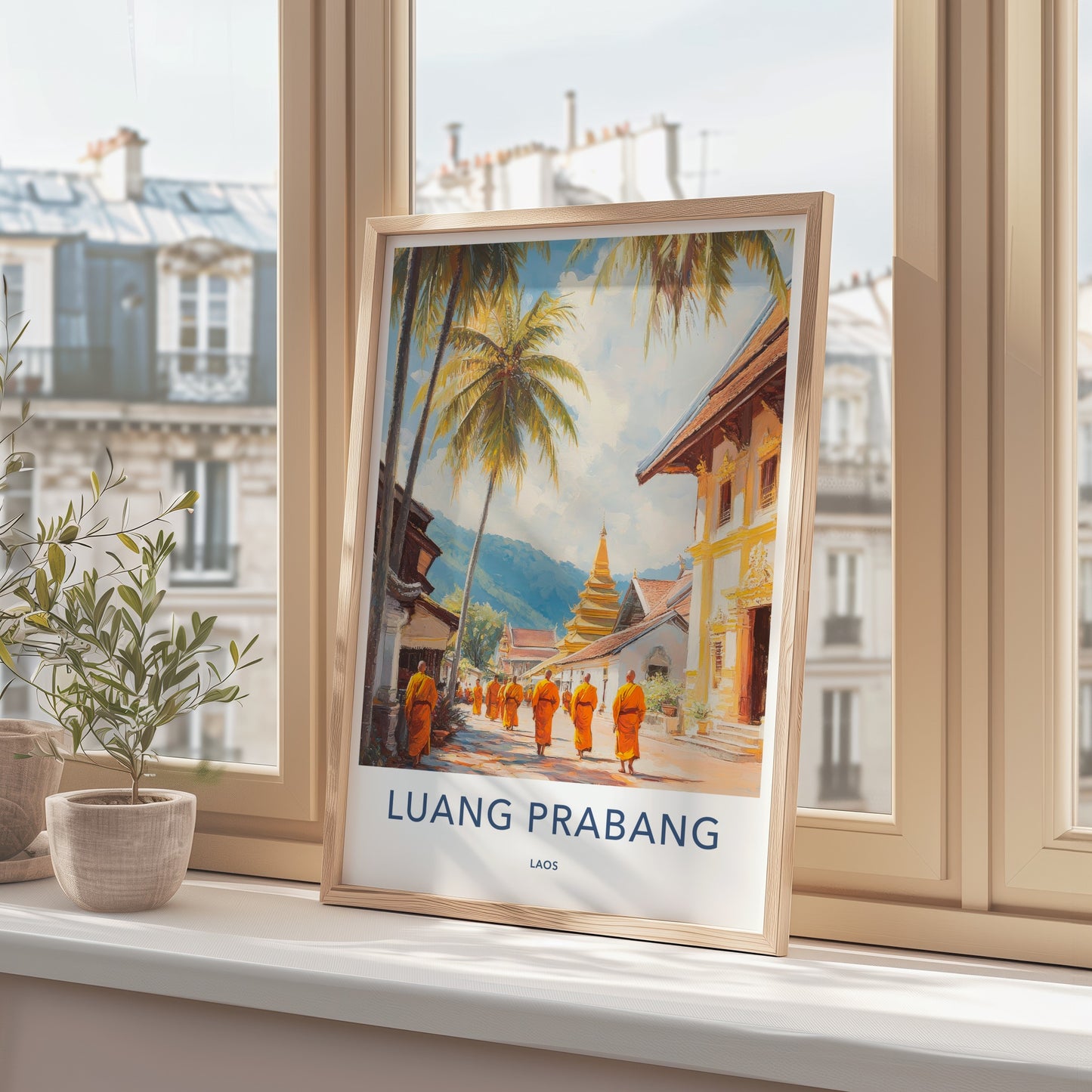 Luang Prabang Poster - Laos Travel Art - Walking Monks Street Wall Decor
