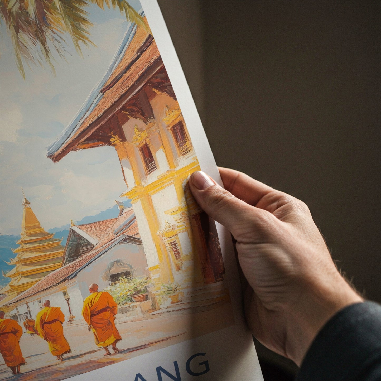 Luang Prabang Poster - Laos Travel Art - Walking Monks Street Wall Decor