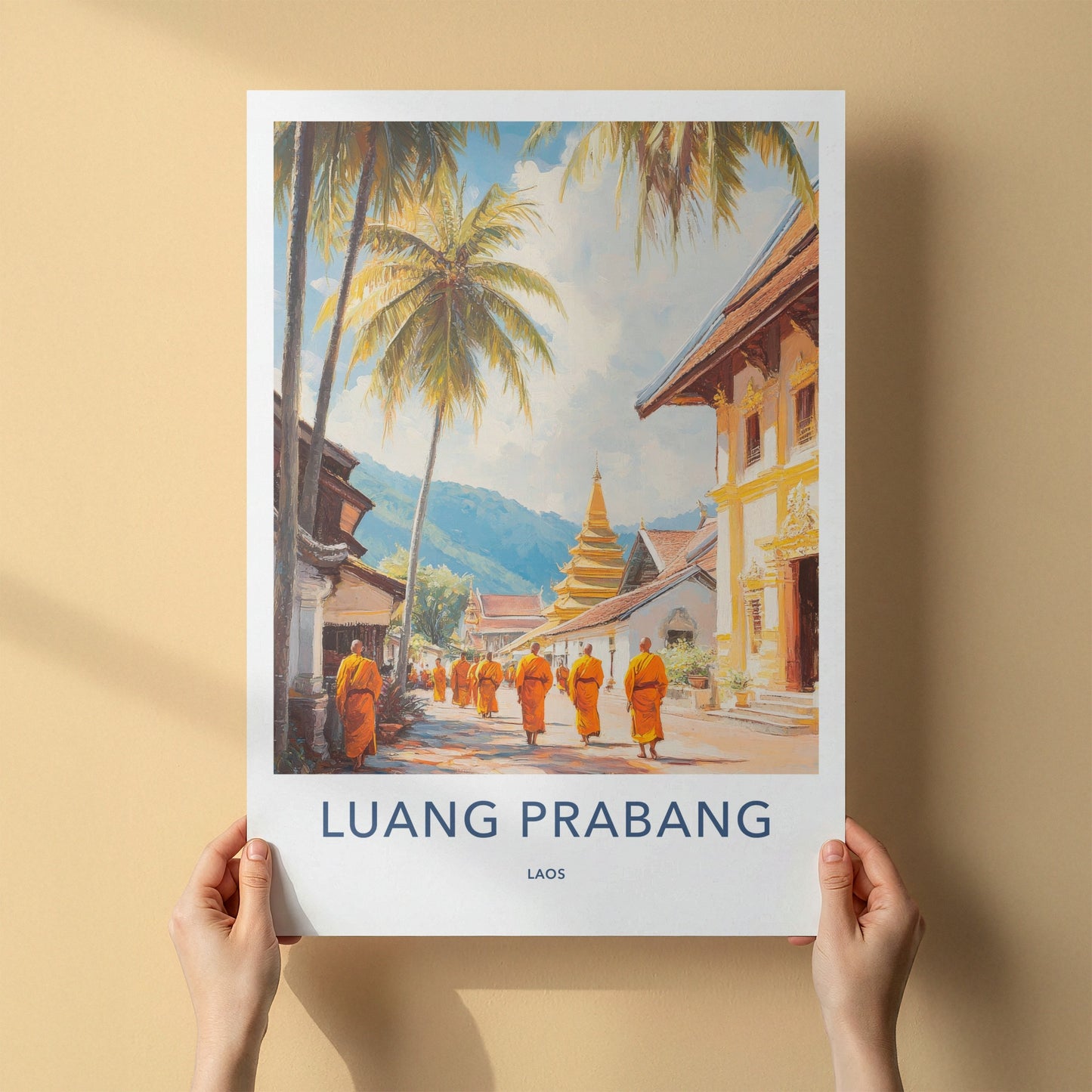 Luang Prabang Poster - Laos Travel Art - Walking Monks Street Wall Decor