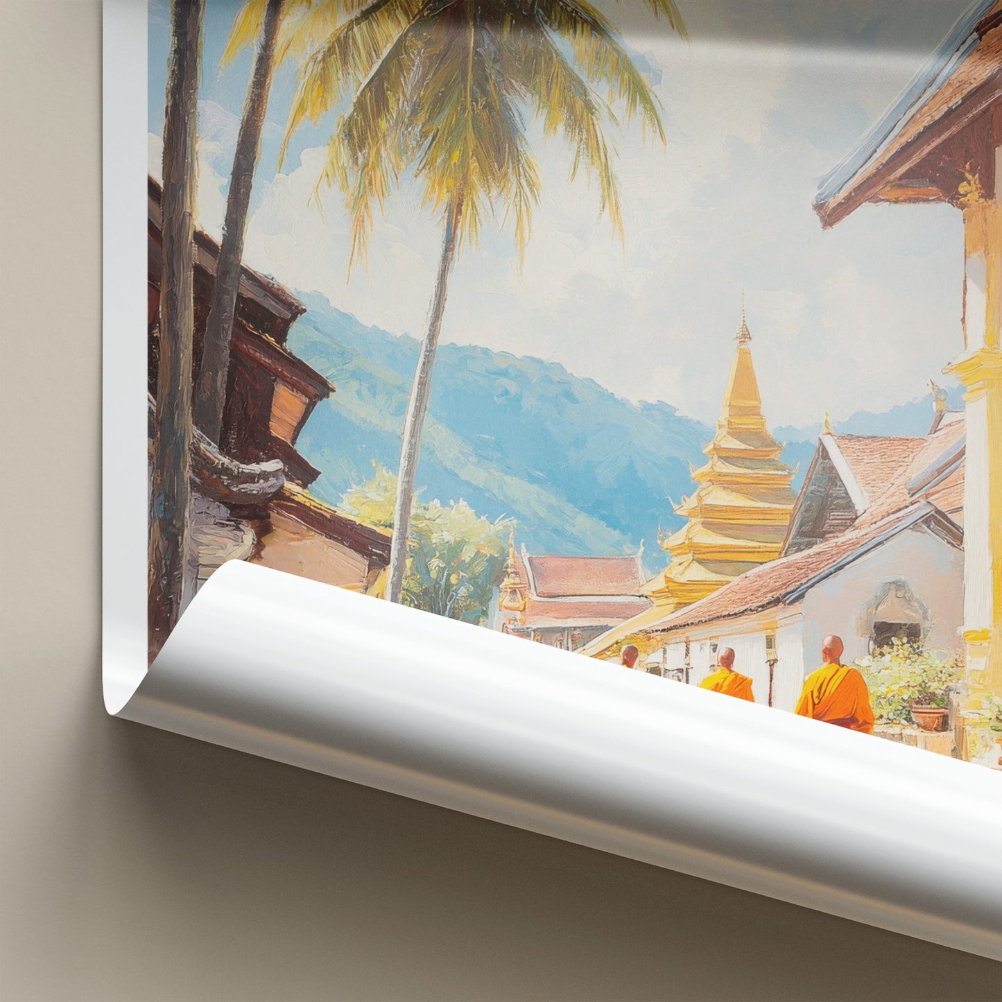 Luang Prabang Poster - Laos Travel Art - Walking Monks Street Wall Decor