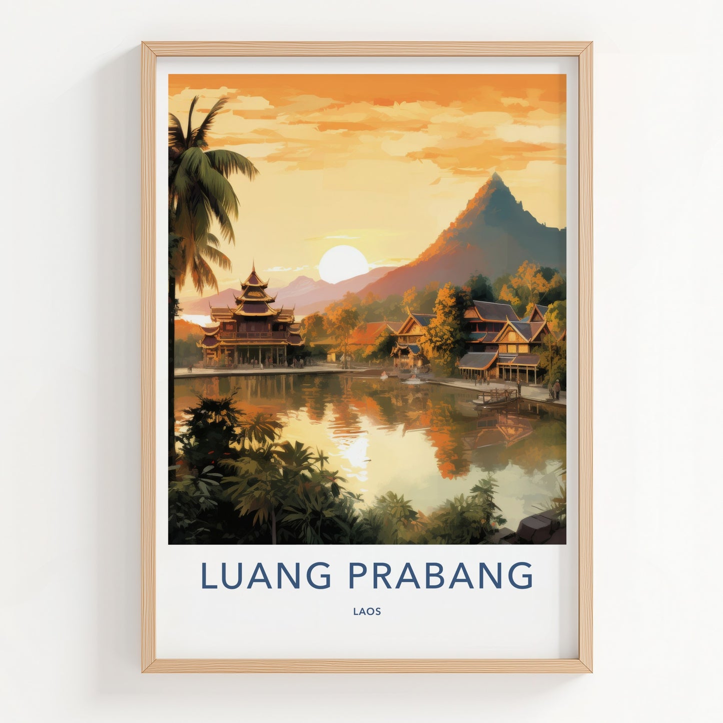 Luang Prabang Poster - Laos Wall Art - Lakeside Temple Sunset Home Decor