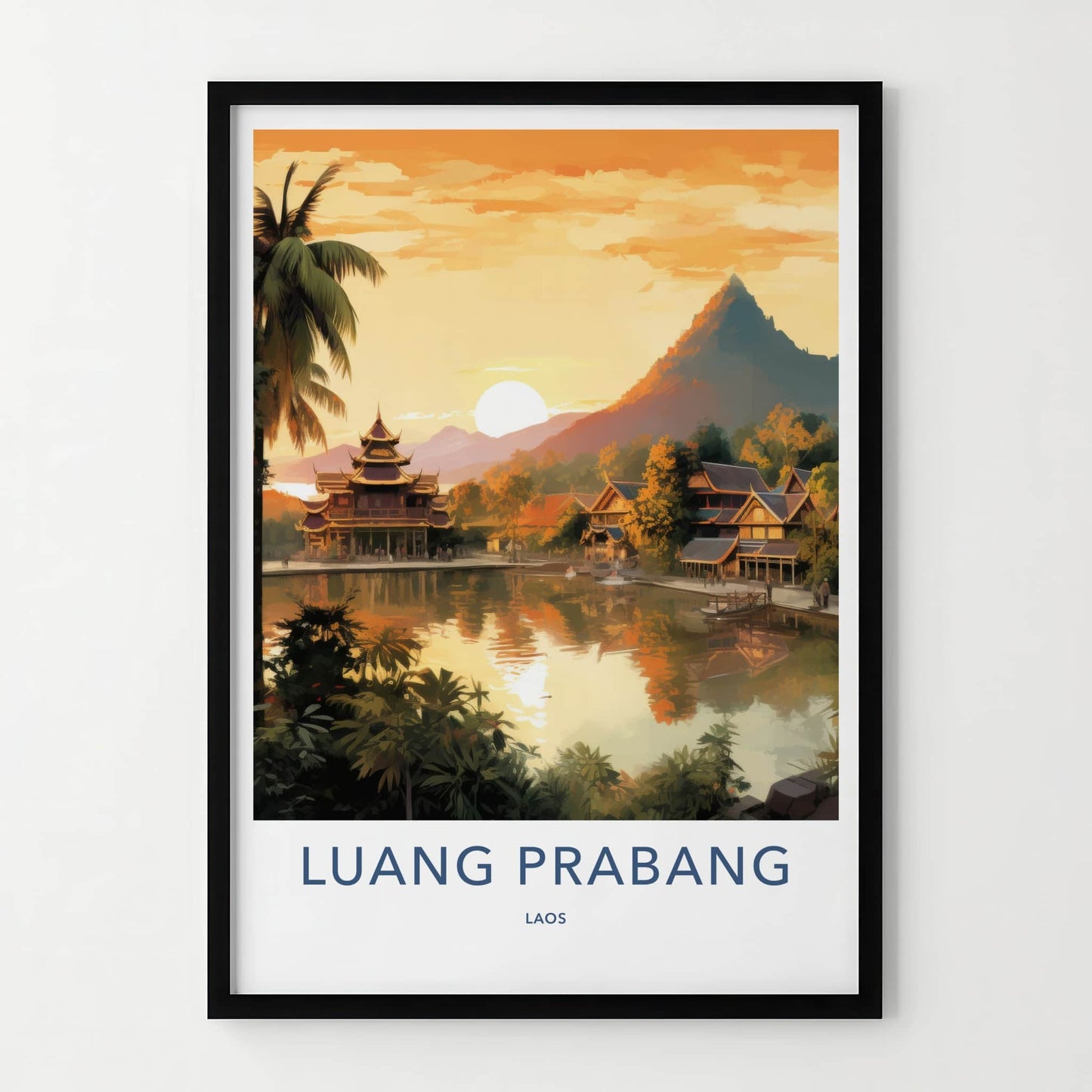 Luang Prabang Poster - Laos Wall Art - Lakeside Temple Sunset Home Decor