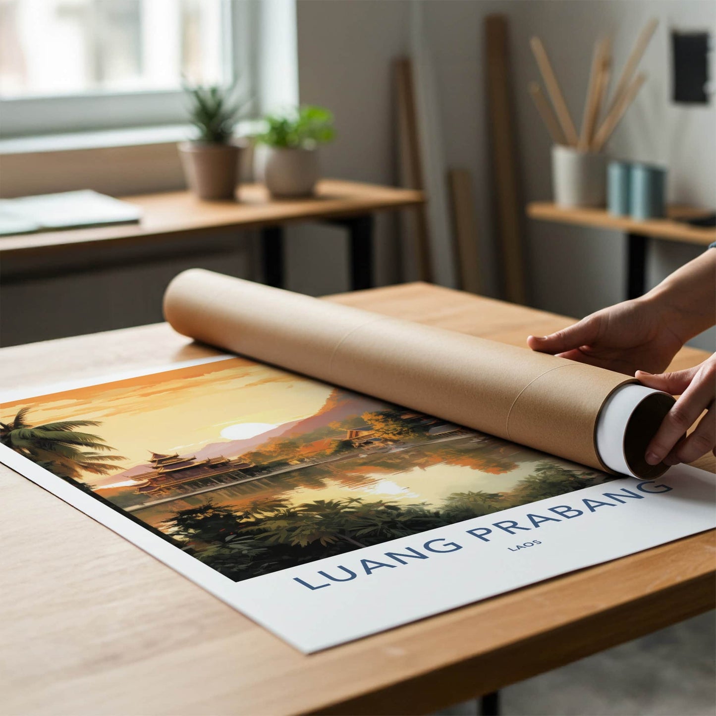 Luang Prabang Poster - Laos Wall Art - Lakeside Temple Sunset Home Decor