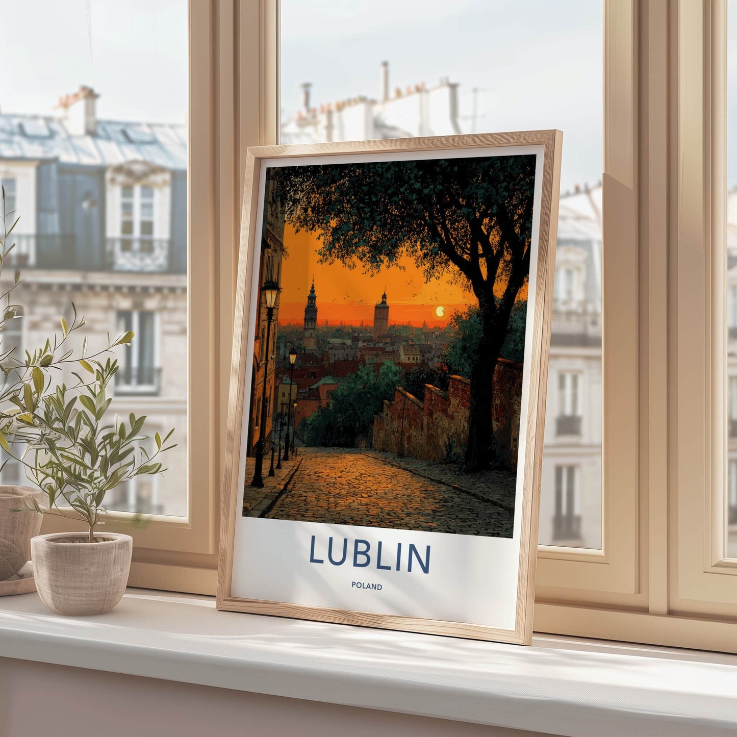 Lublin Poster - Poland Travel Art - Cobblestone Street Sunset Home Decor