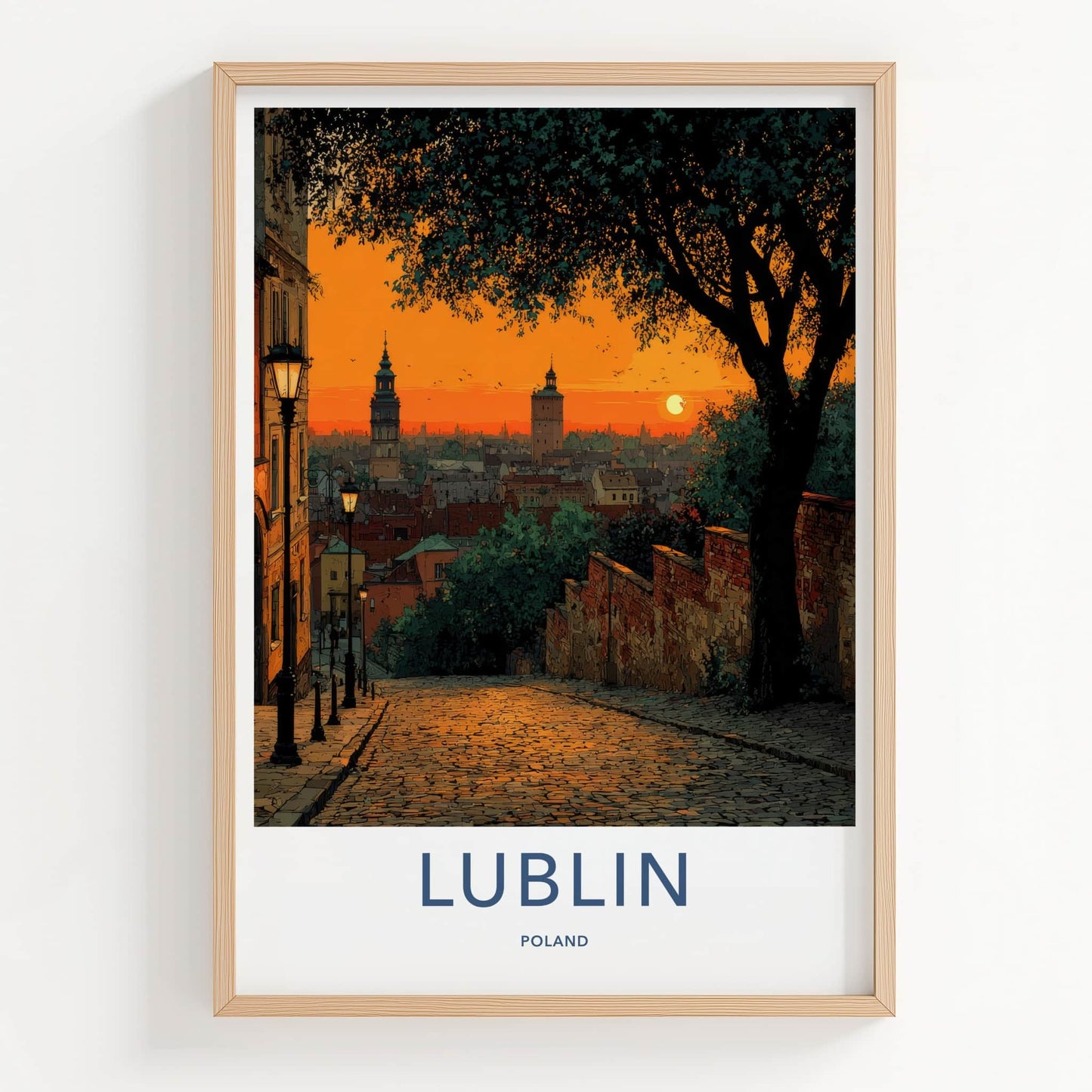 Lublin Poster - Poland Travel Art - Cobblestone Street Sunset Home Decor